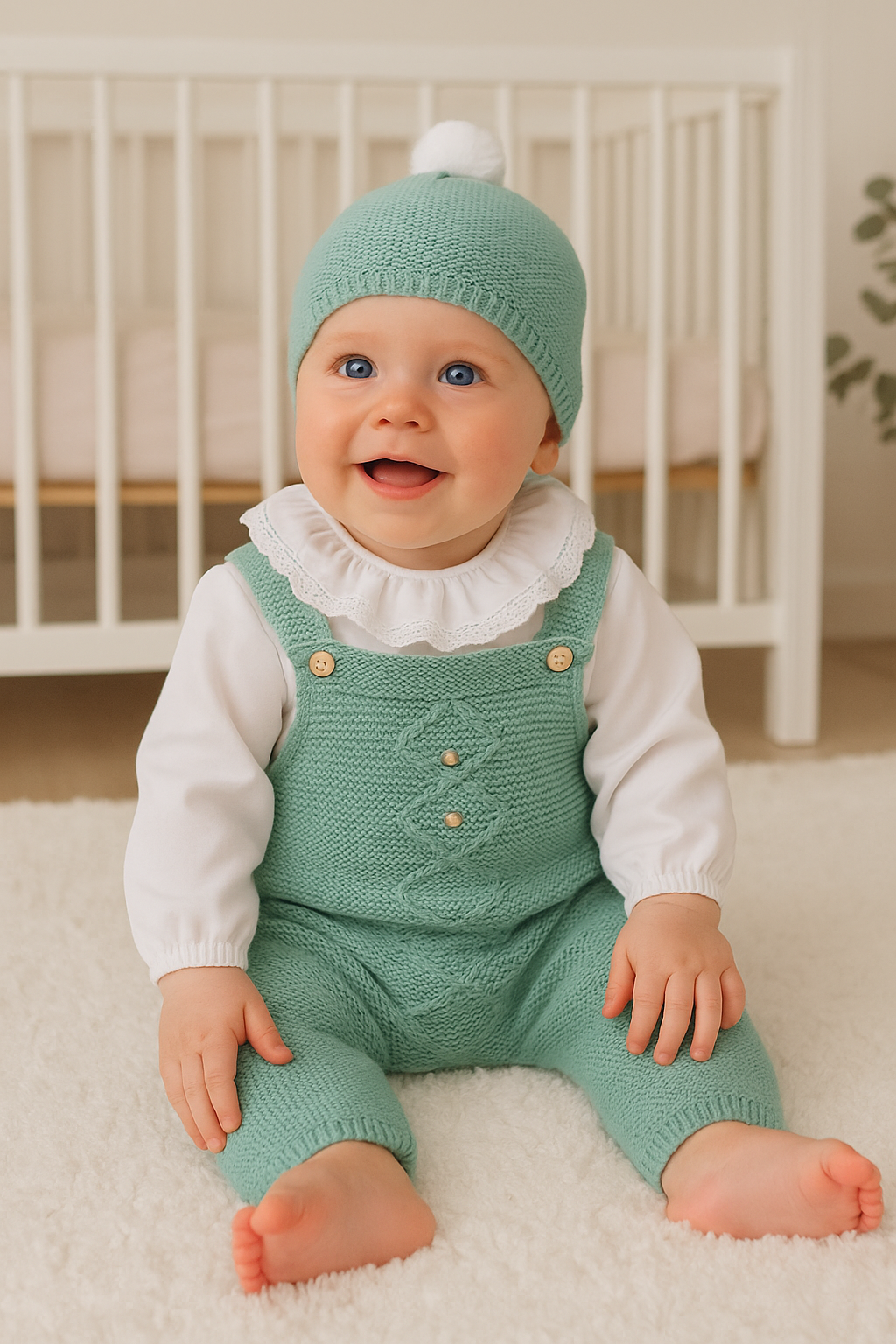 Jardineiras de  malha c/ blusa gola folho Losangos Botões e gorro Verde
