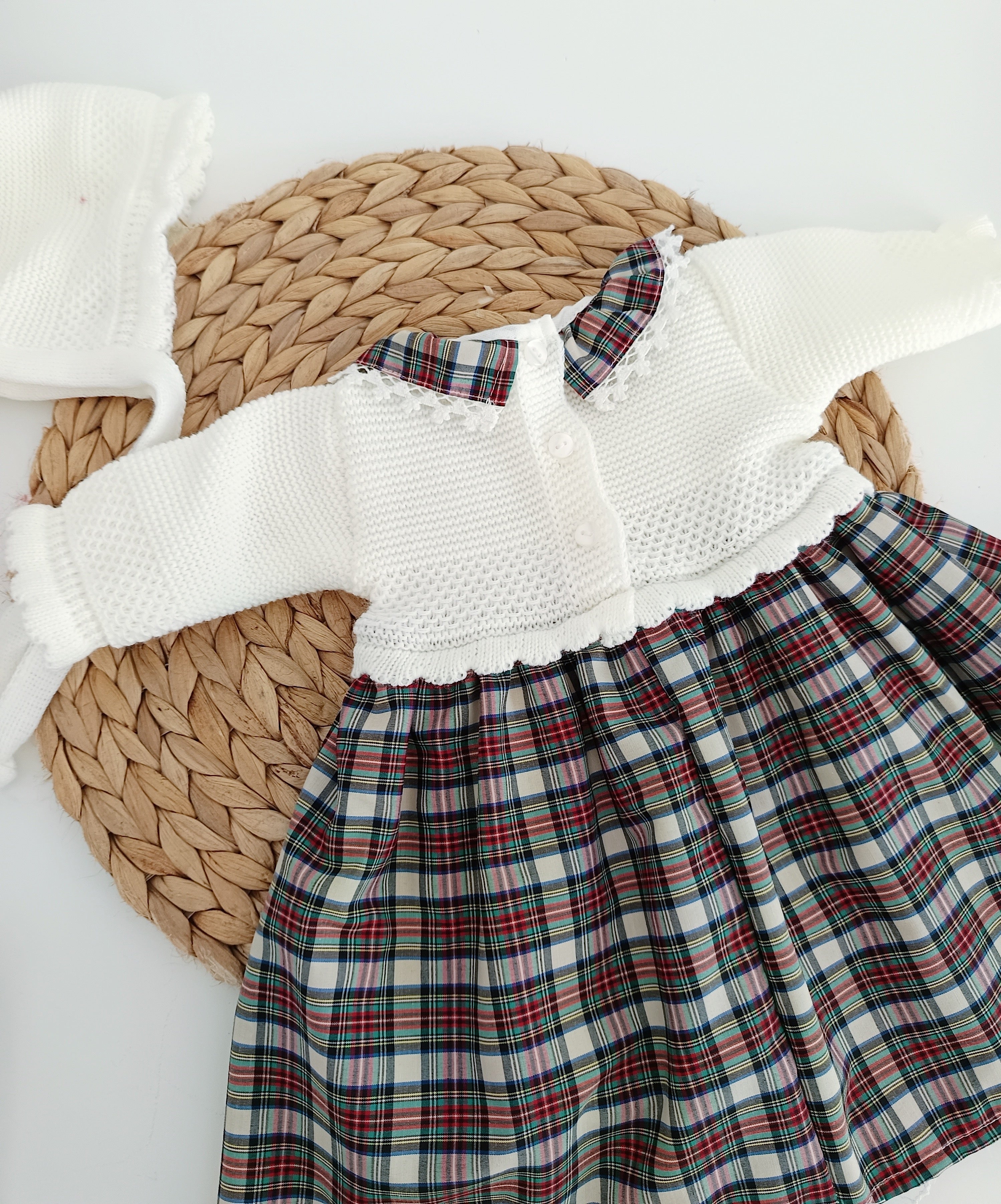 Vestido de Tecido e Malha Xadrez Laço Vermelho