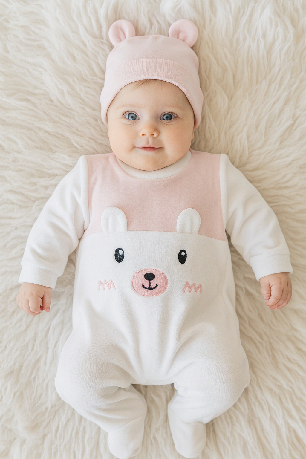 Babygrow Veludo Urso com Gorro Orelhas Rosa Velho