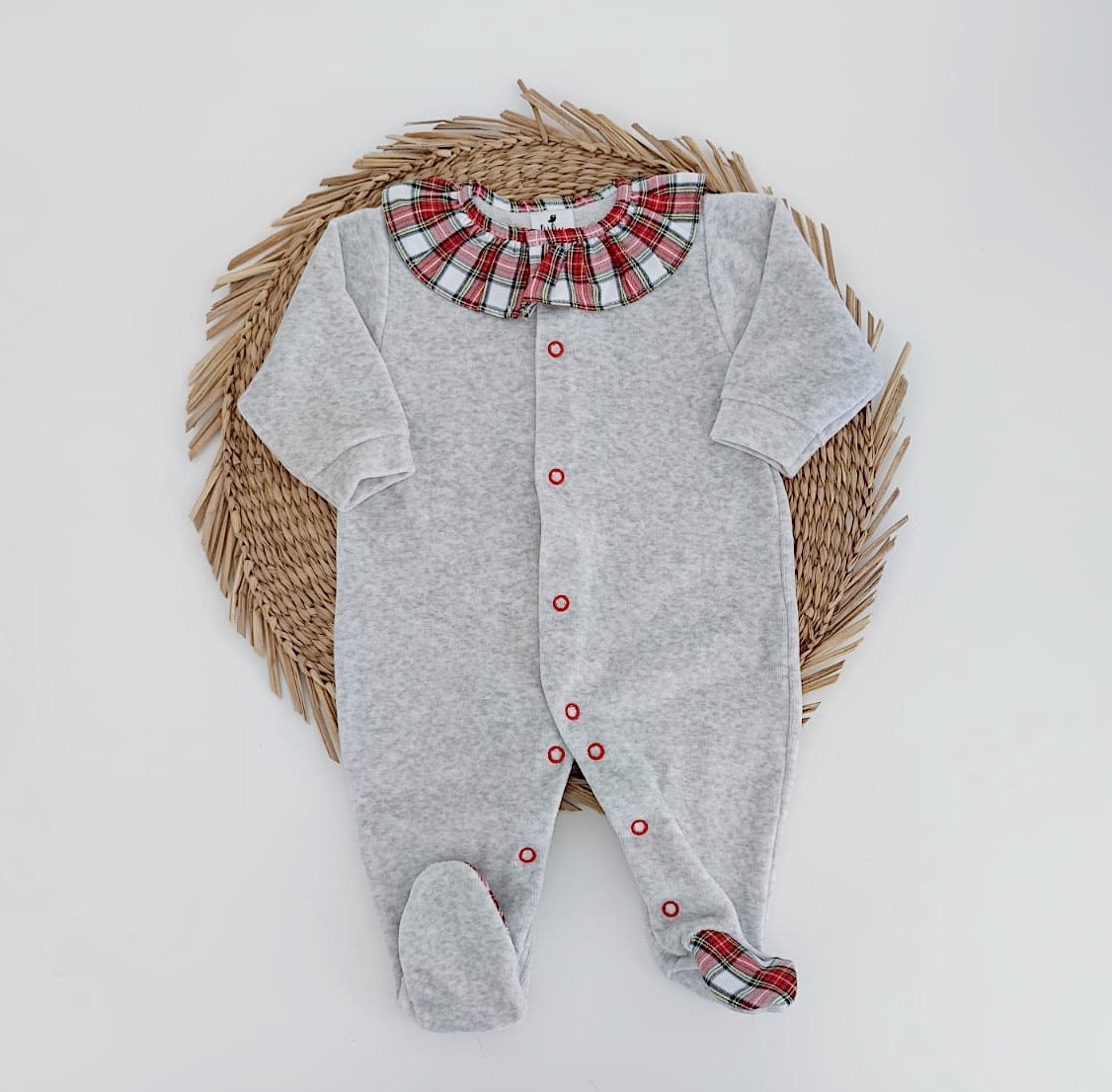 FitFiu Babies® | Babygrow Veludo Gola Folho com Xadrez Vermelho