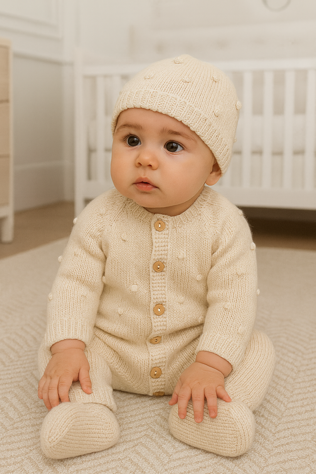 Babygrow de malha pompons com gorro e carapins Areia