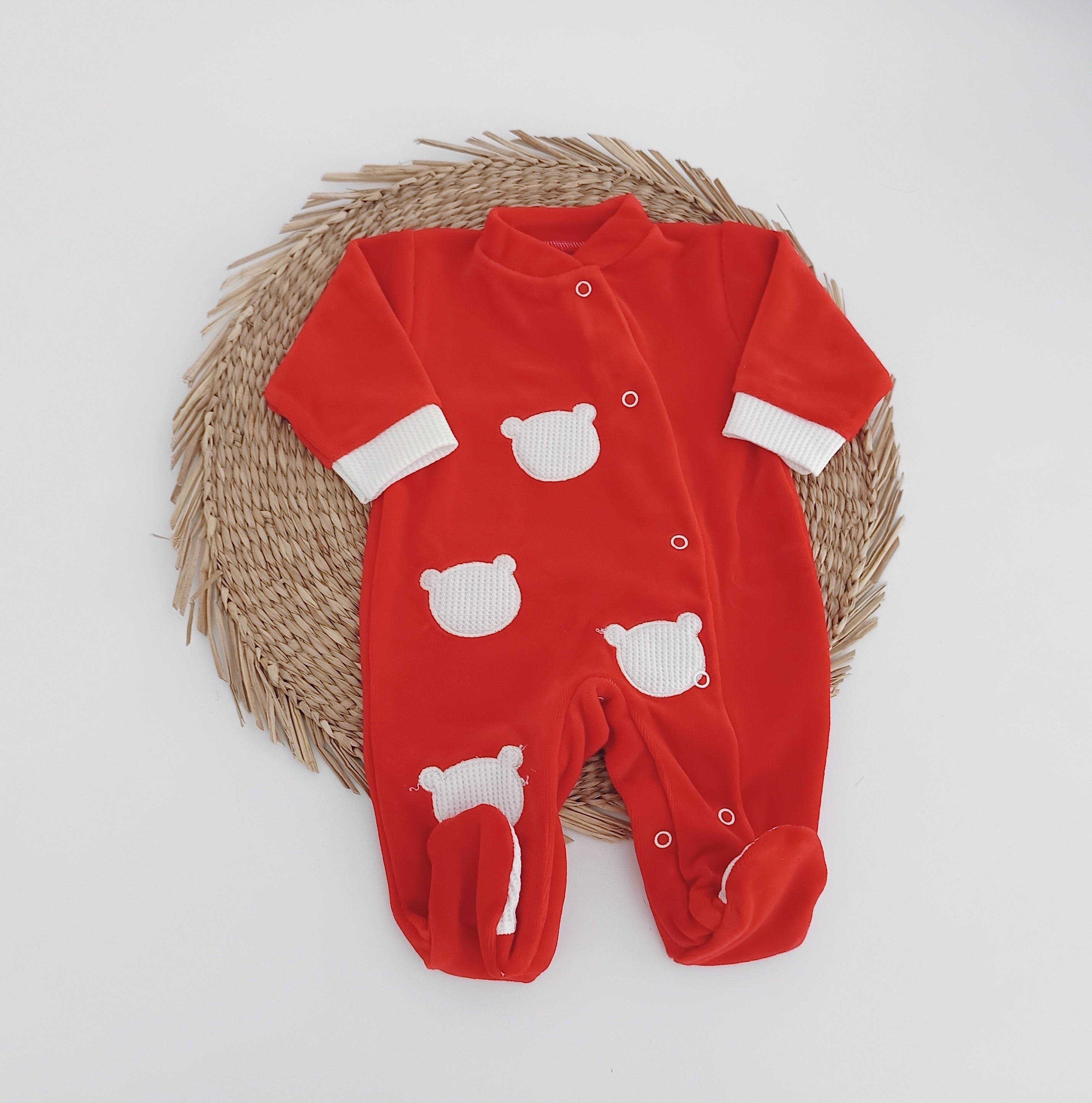 Babygrow de Veludo Caras de Ursos Vermelho