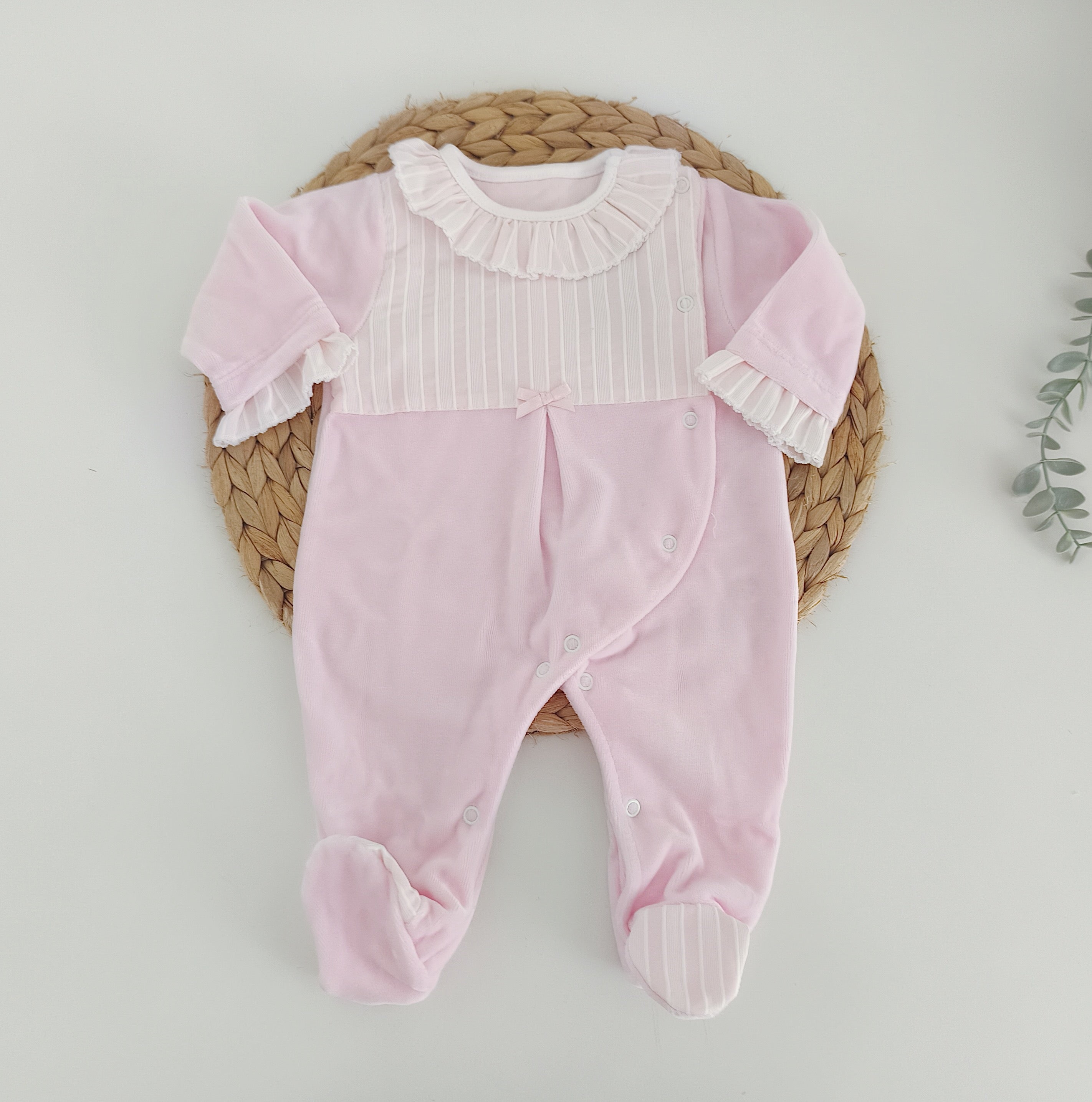 Babygrow Veludo com gola e Peitilho Riscas Rosa