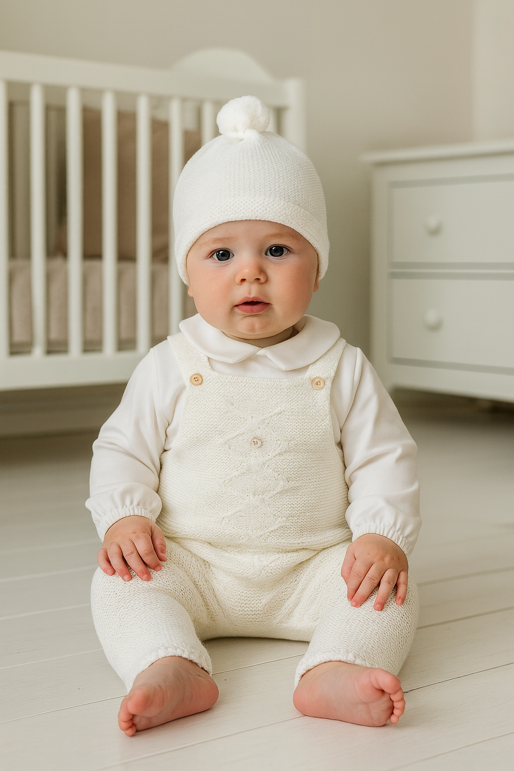 Jardineiras de  malha c/ camisa gola bico Losangos Botões e gorro Pérola