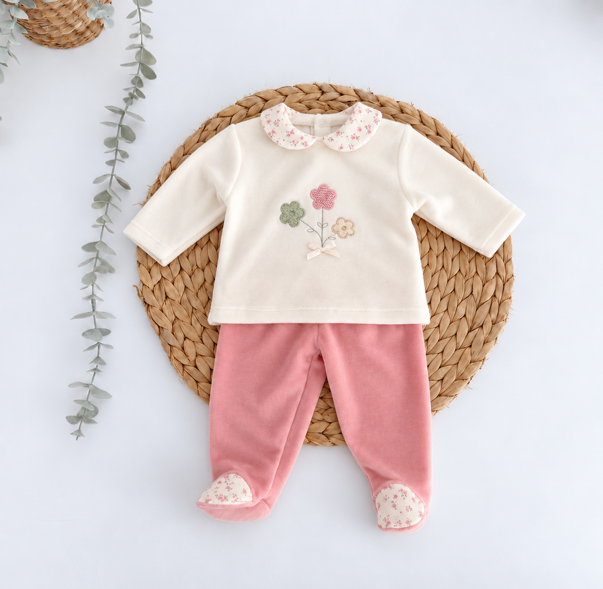 FitFiu Babies® | Fato 2 peças Veludo Flores Bordadas Pérola