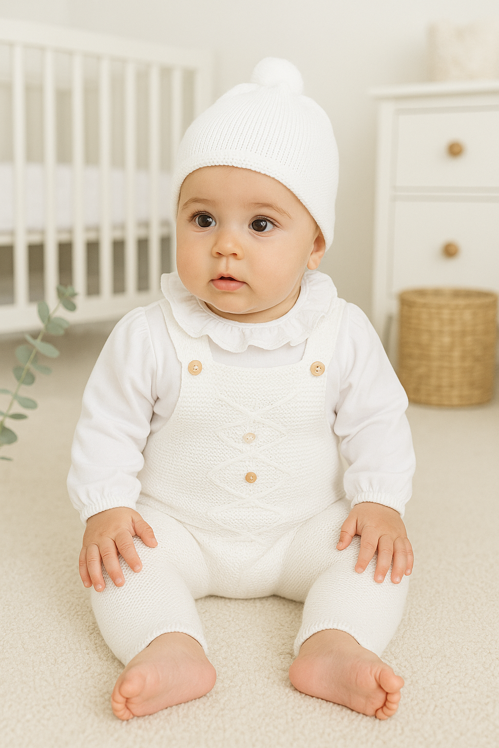 Jardineiras de  malha c/ blusa gola folho Losangos Botões e gorro Pérola