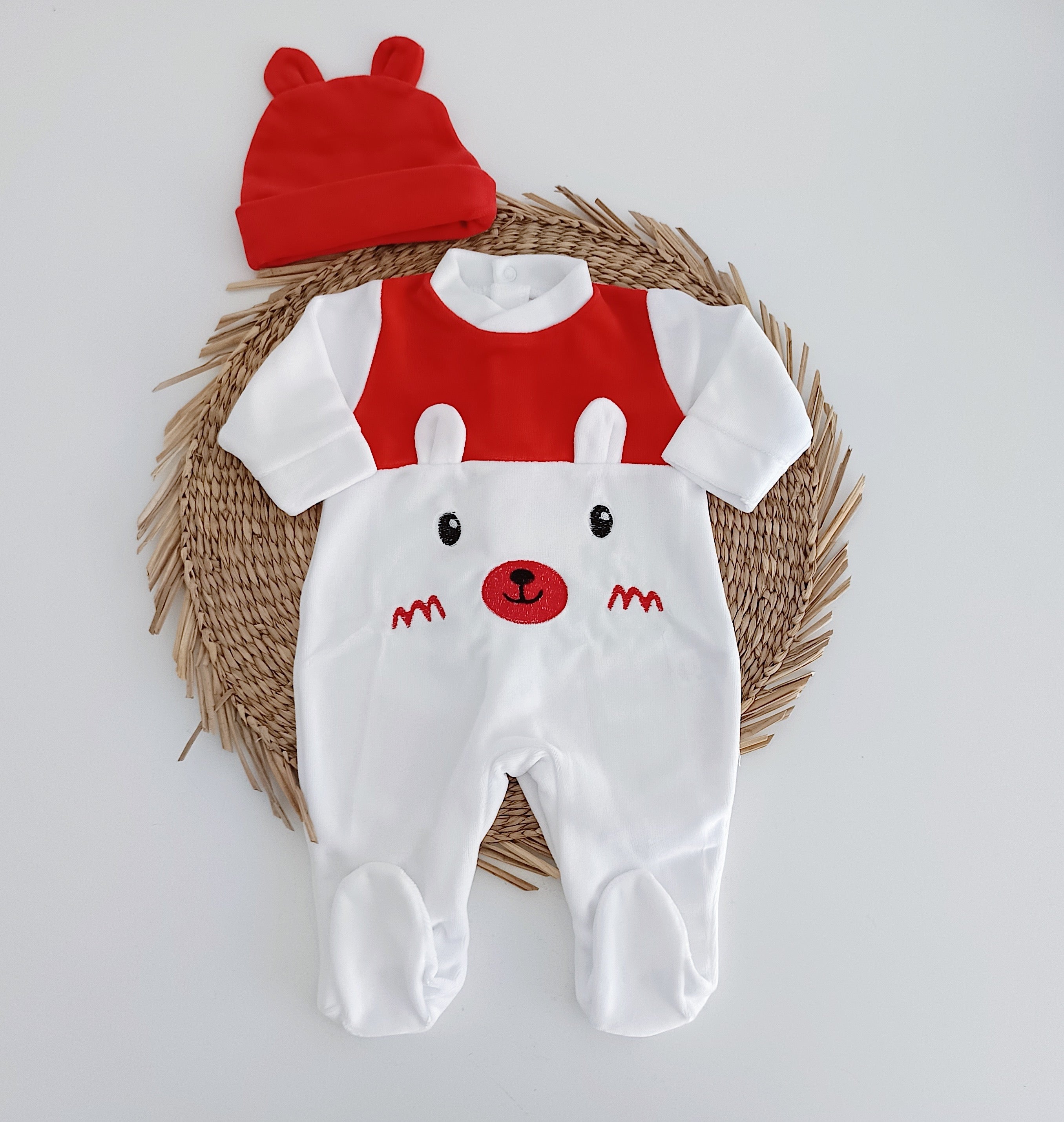 Babygrow Veludo Urso com Gorro Orelhas Vermelho