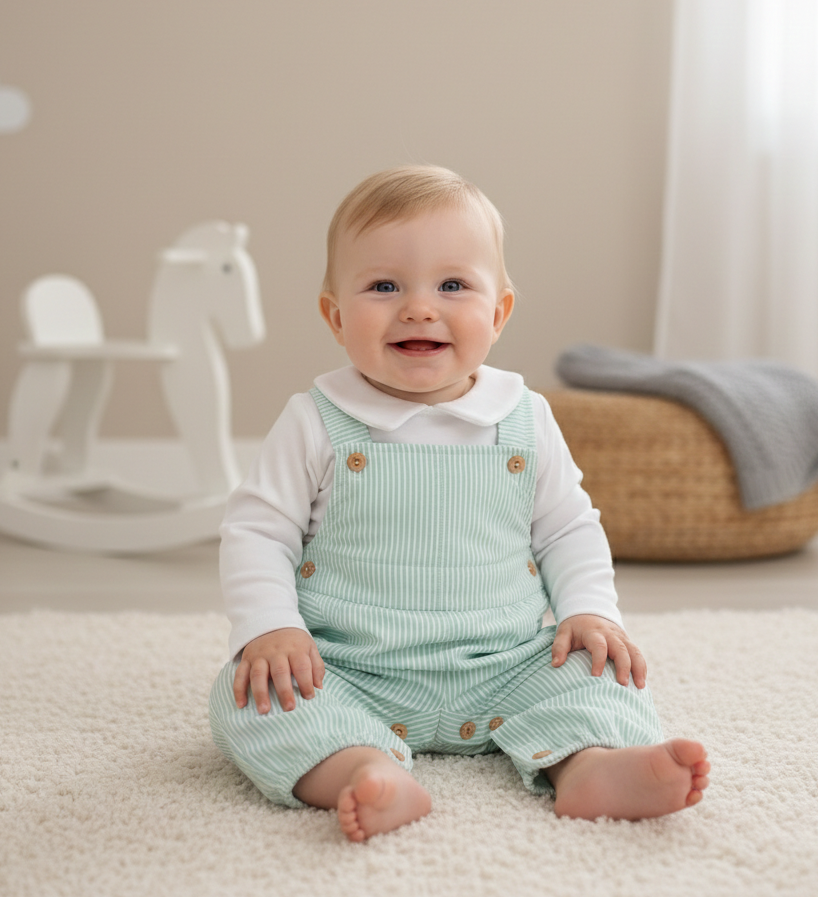 Jardineiras Riscas com Camisa Verde Água