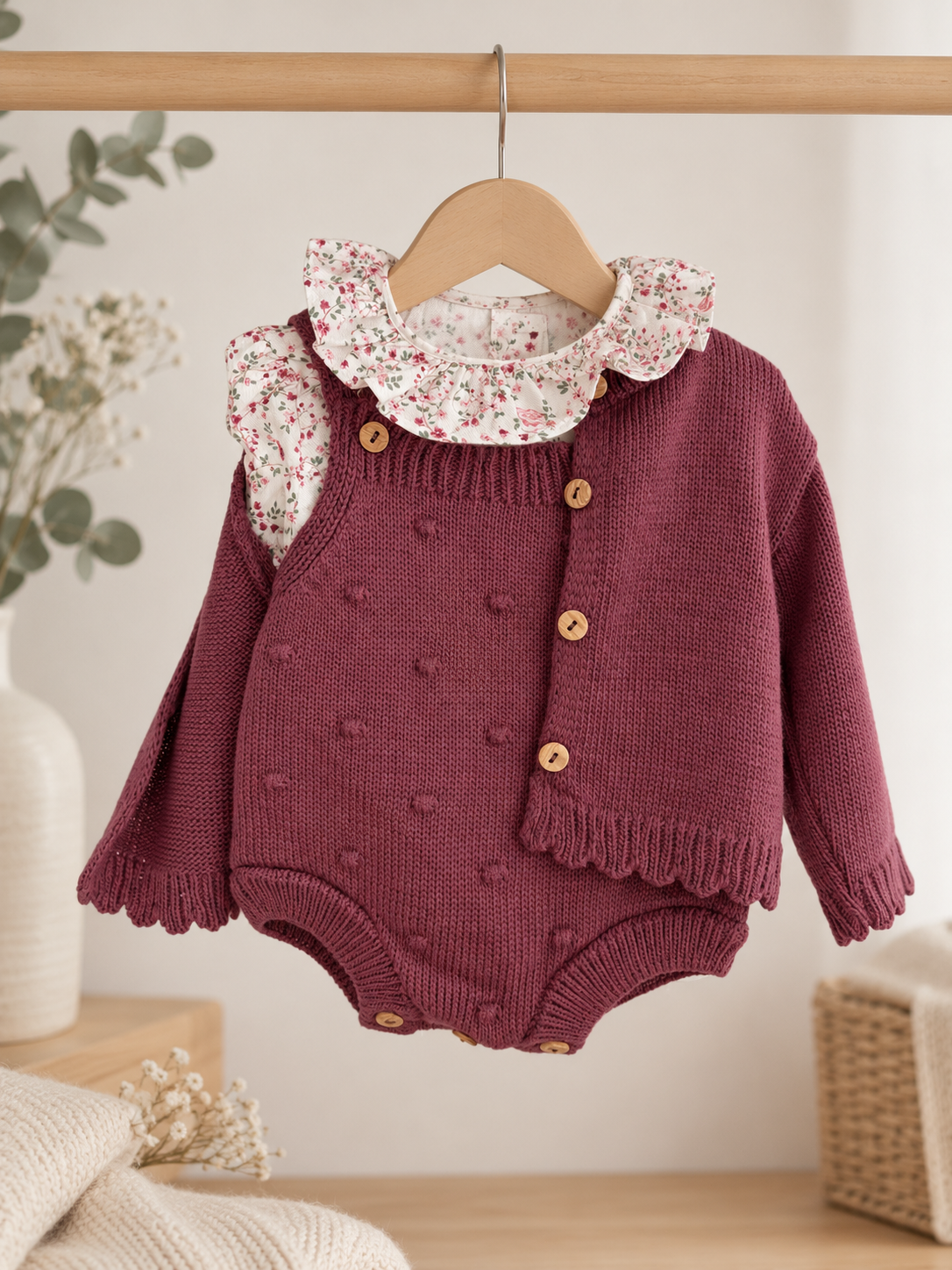Conjunto Fofo com Blusa e Casaco de Malha Flores Beringela