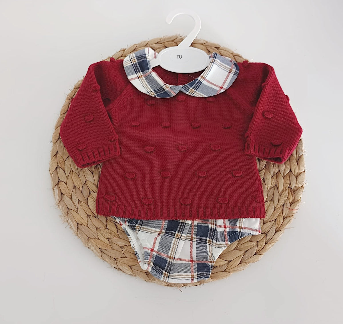 Calções Xadrez com camisola relevos de Malha Vermelho