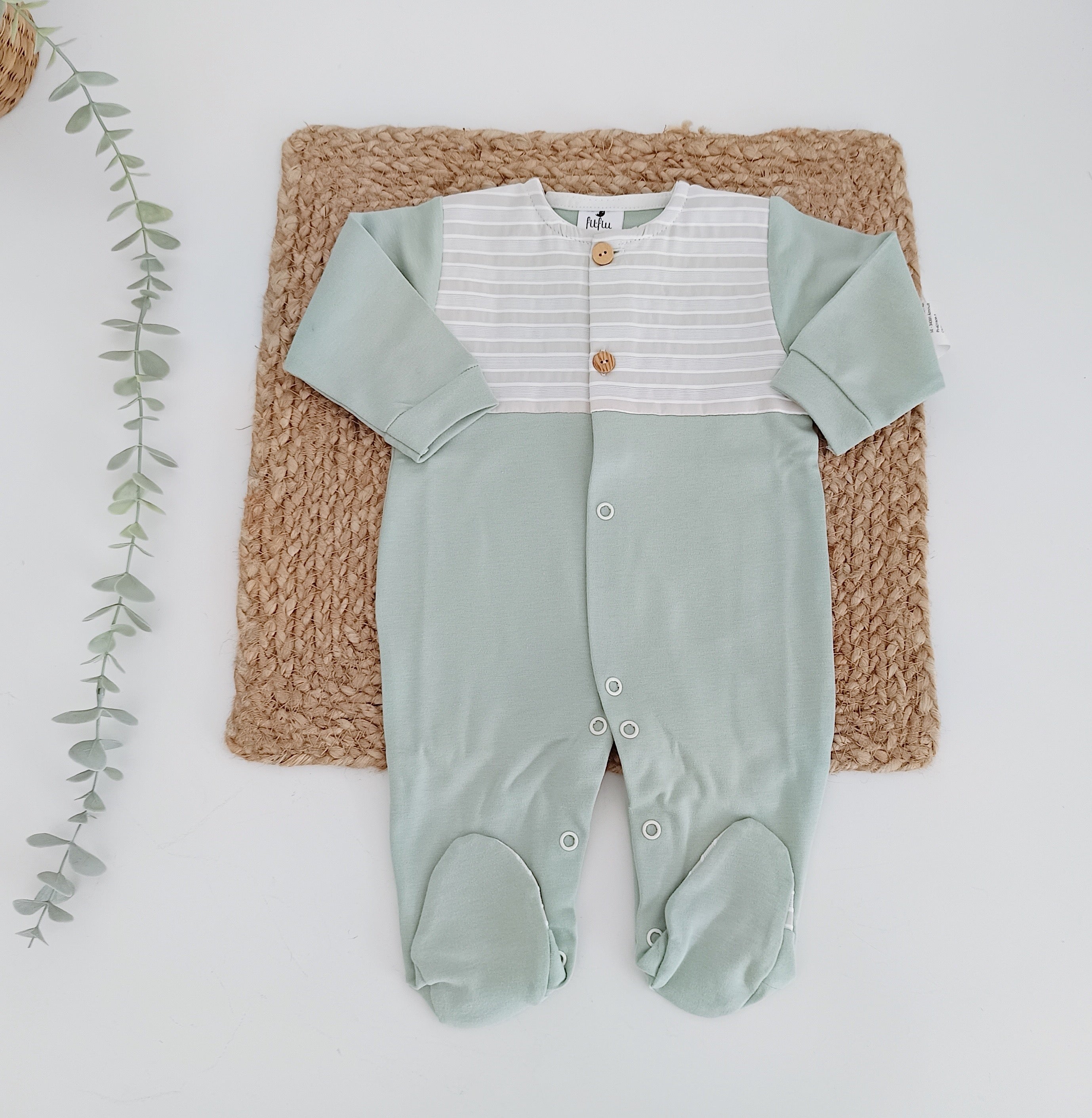 FitFiu Babies® | Babygrow algodão Peitilho riscas com Botões Verde