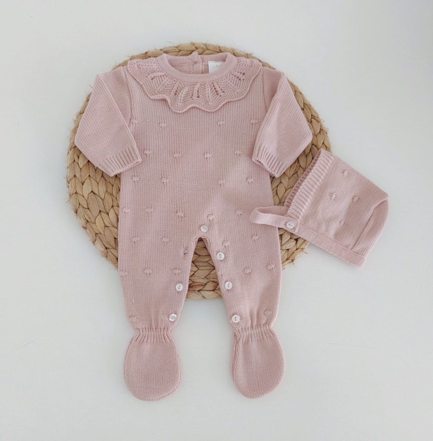 Babygrow de Malha Pompons Gola com touca Rosa Velho
