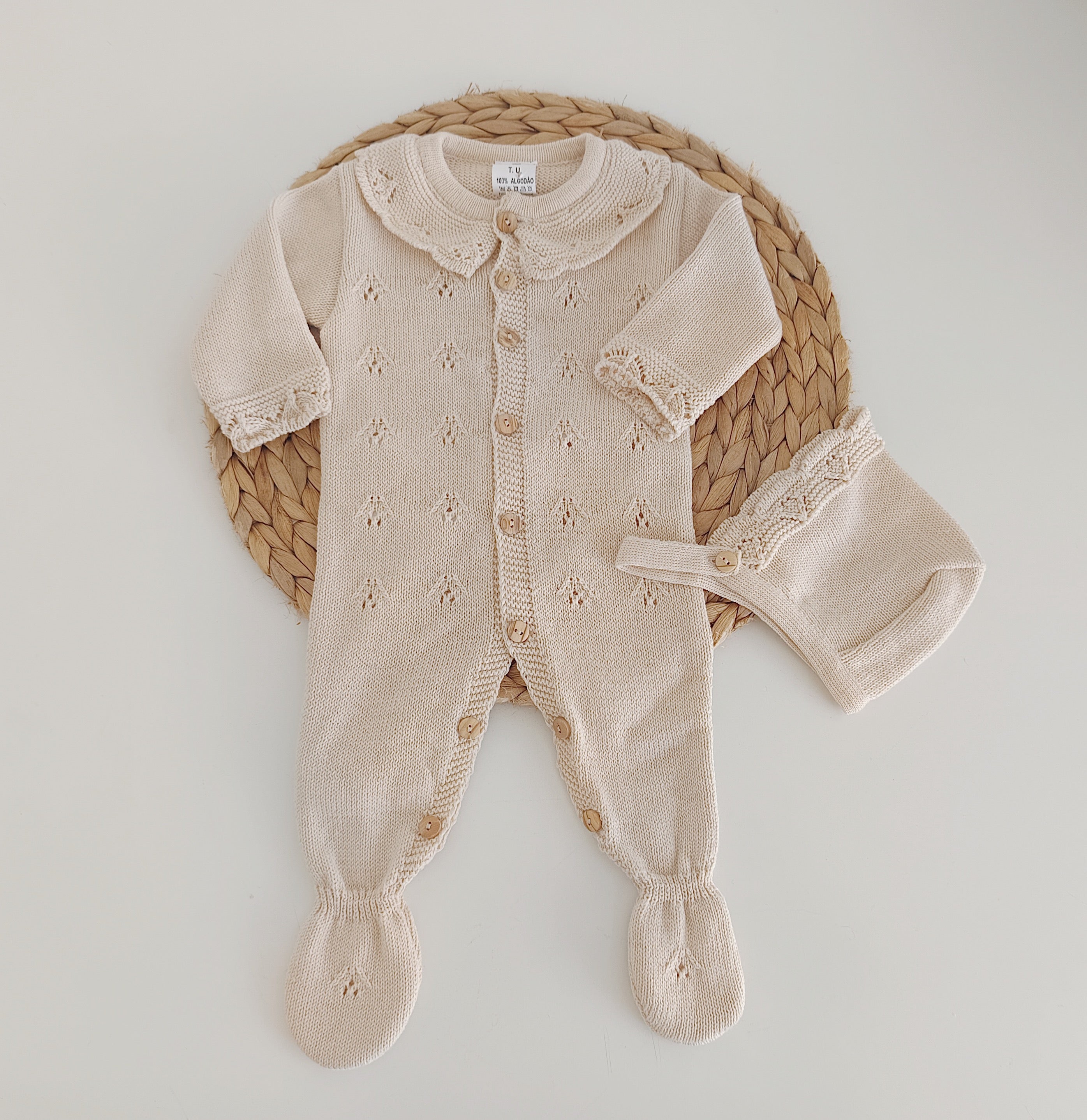 Babygrow de Algodão com touca Areia