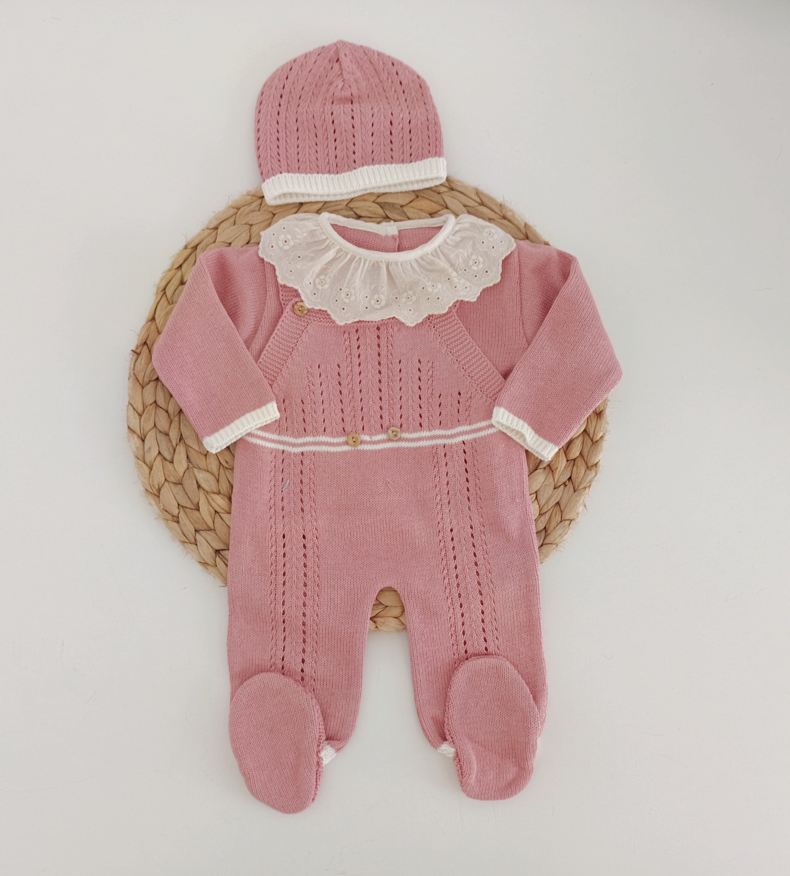 Jardineira Malha Saída Maternidade com Gola Botões Rosa Velho