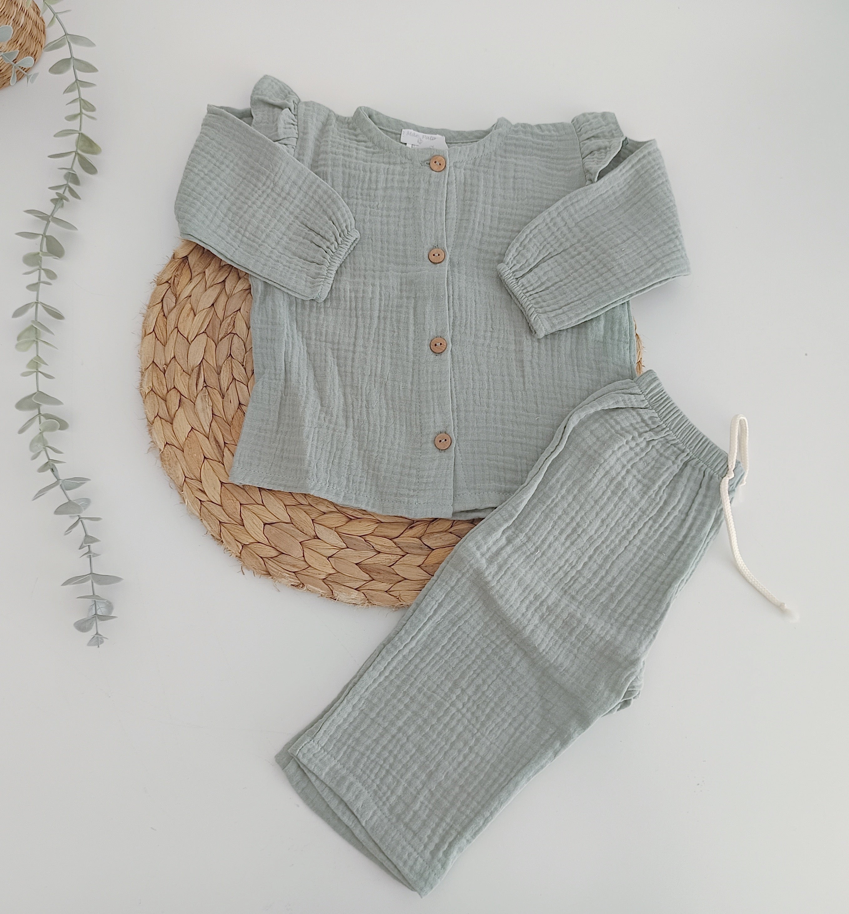 Conjunto de Musselina Básico com Botões Verde