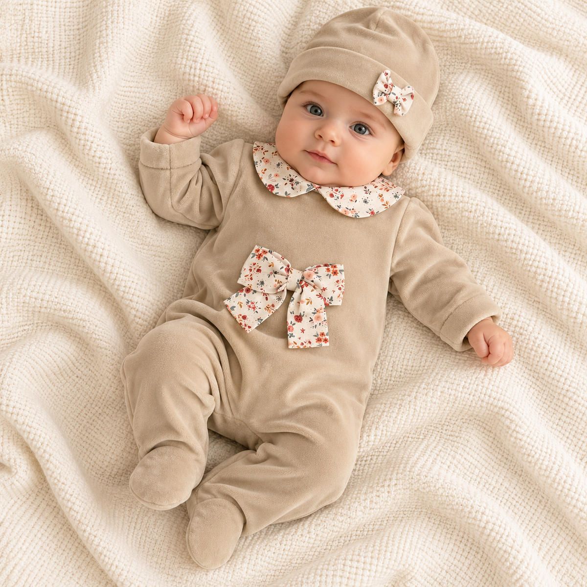Babygrow Veludo Laço com Gorro Areia