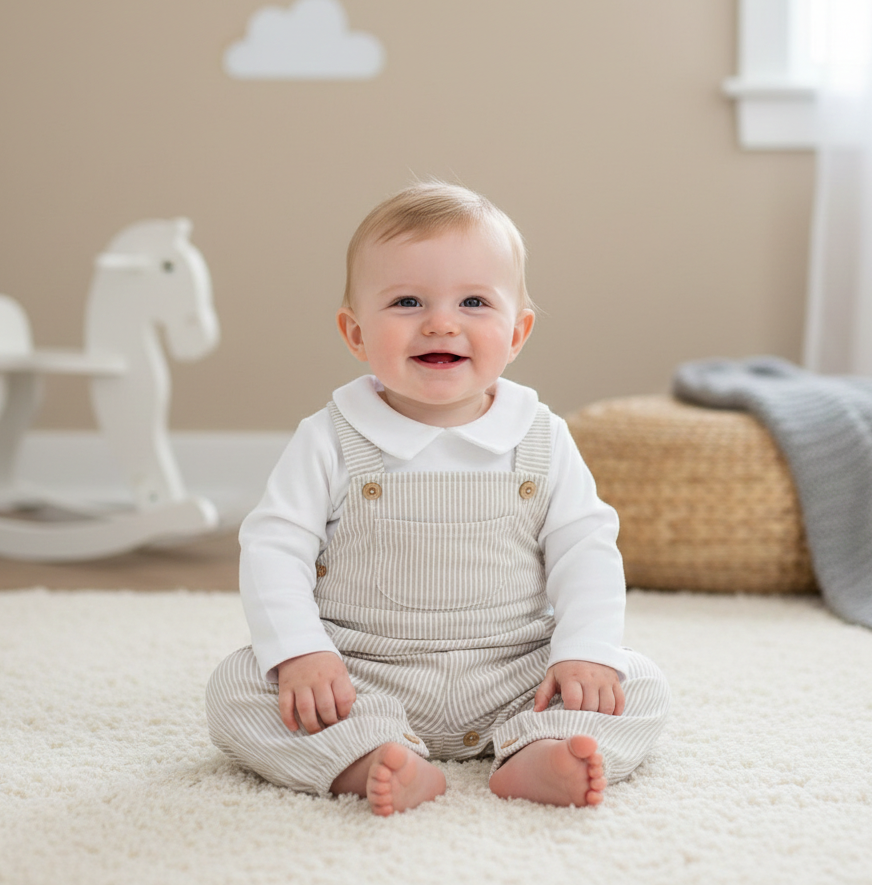 Jardineiras Riscas com Camisa Areia