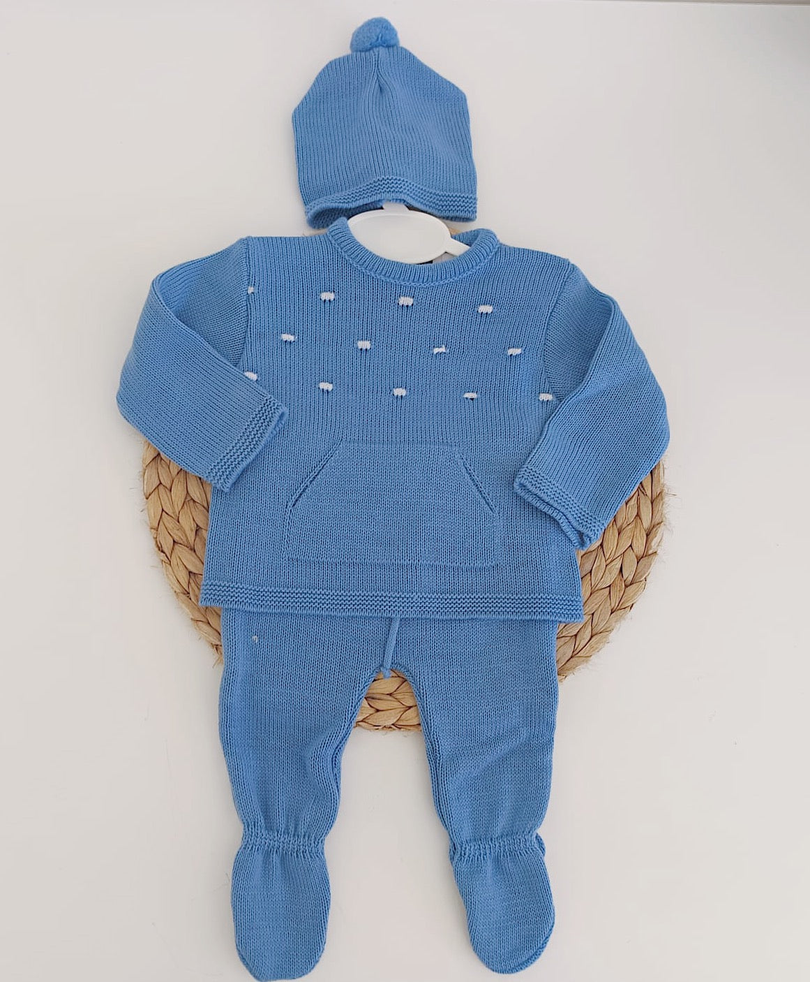 Conjunto de Malha Pintas Calças, Camisola com Bolsos e Gorro Jeans