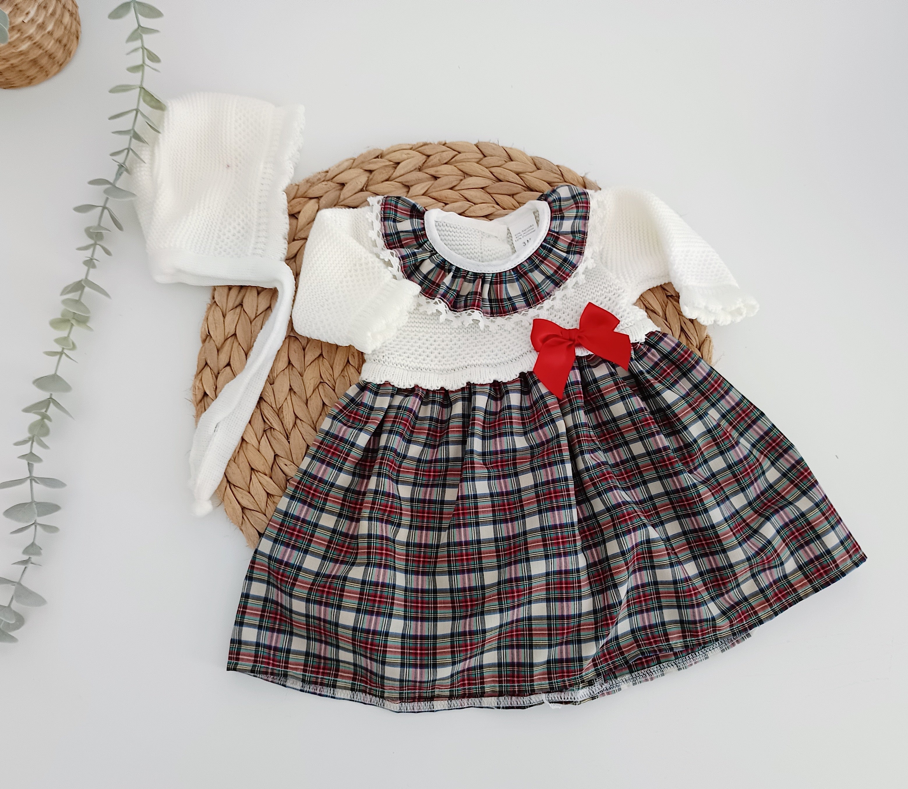 Vestido de Tecido e Malha Xadrez Laço Vermelho