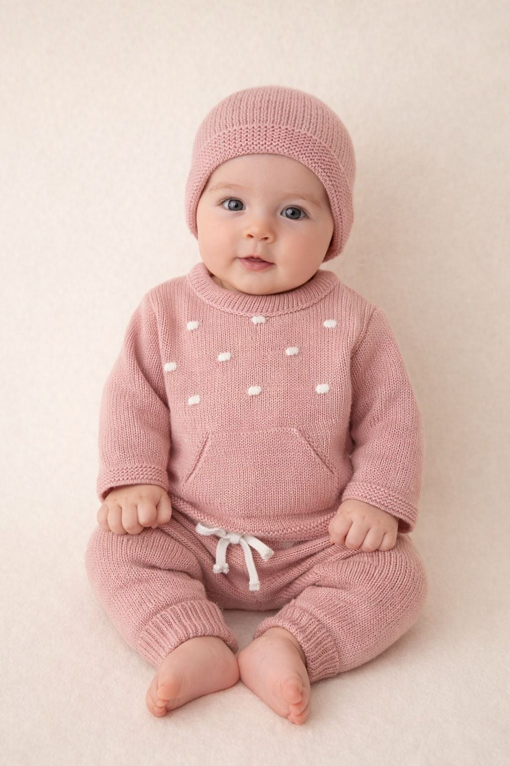 Conjunto de Malha Algodão Calças, Camisola com Bolsos e Gorro Rosa Velho