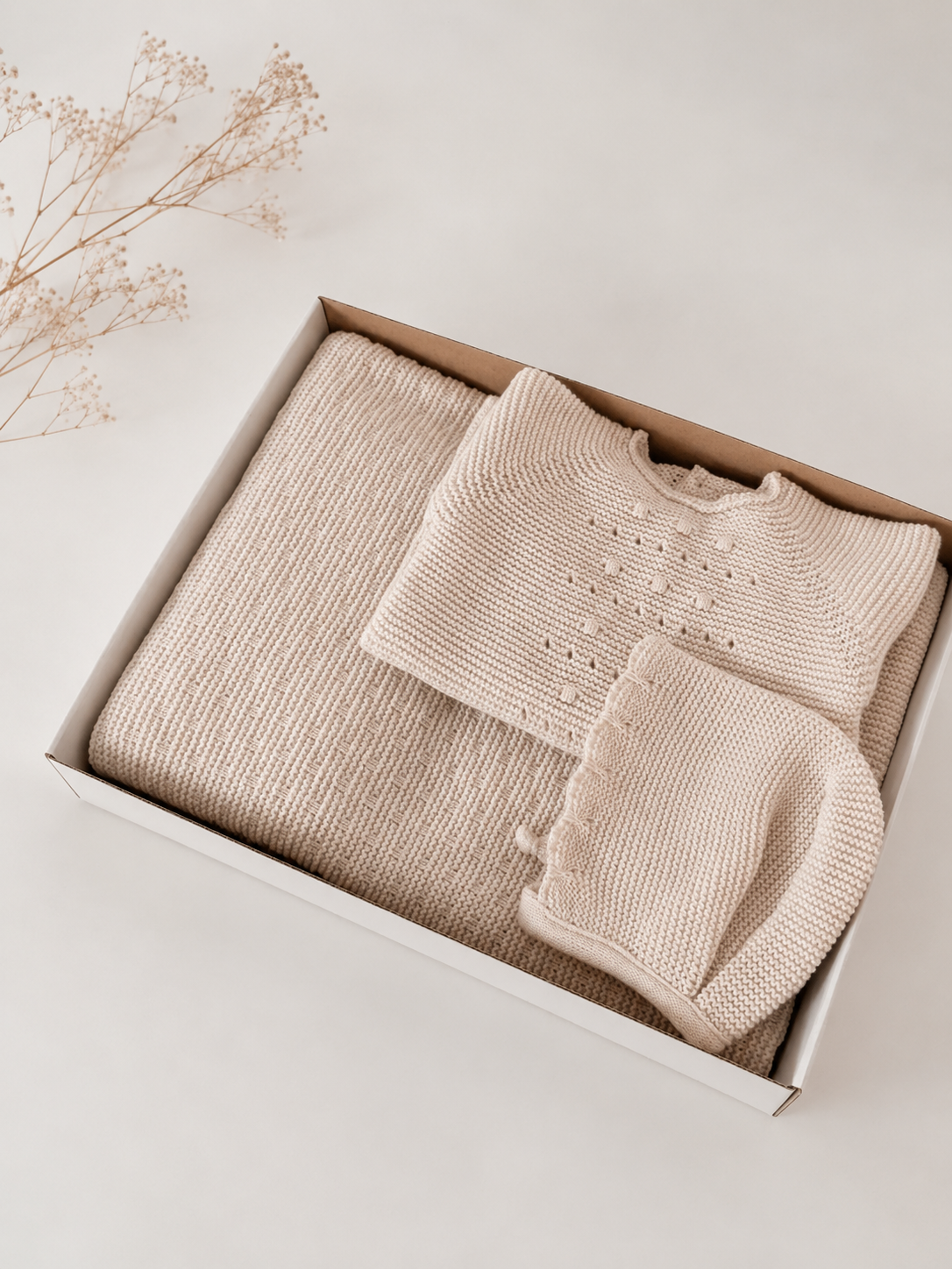 Conjunto de malha Manta e Babygrow com touca Areia
