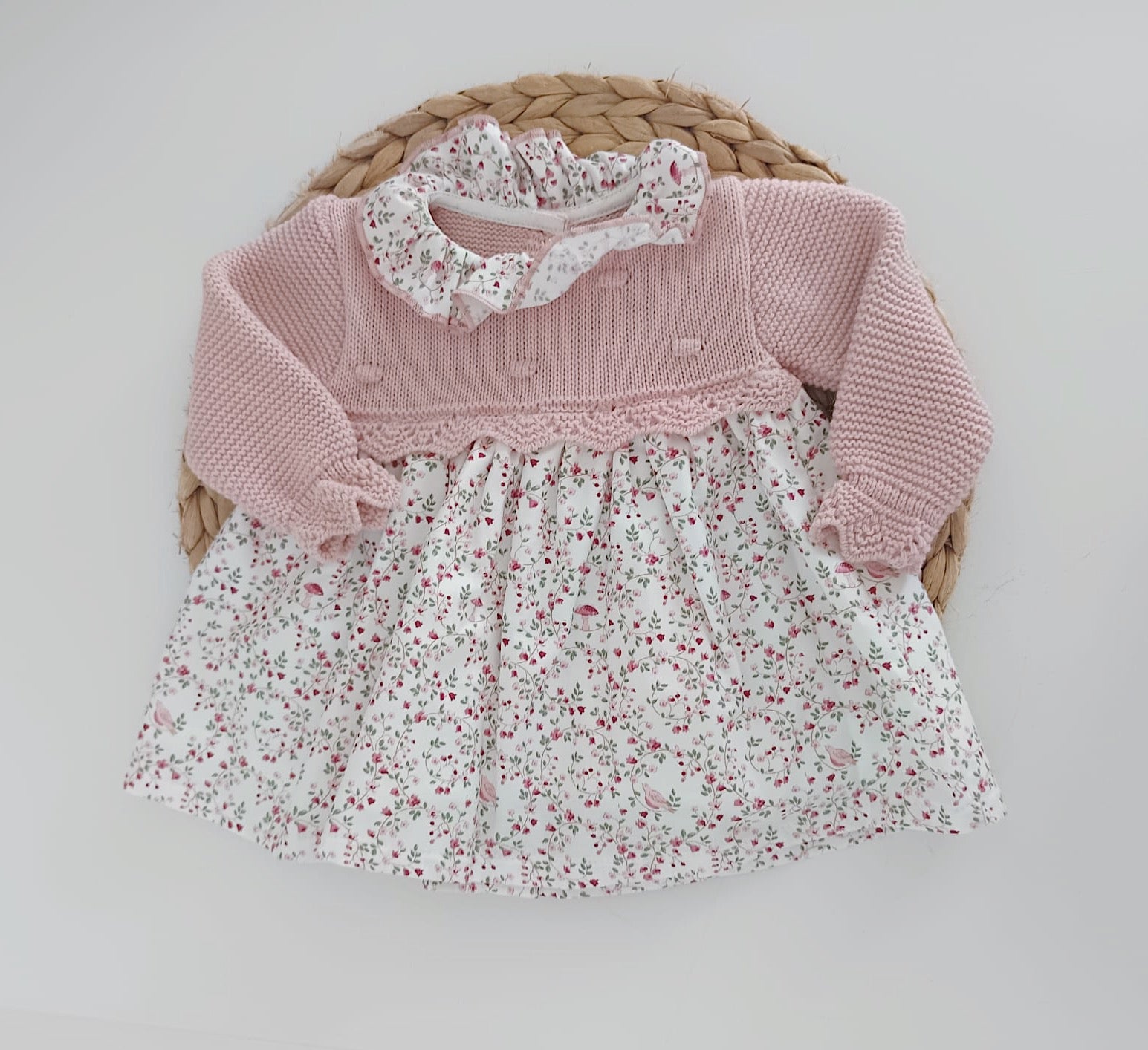 Vestido de Tecido e Malha com Flores Rosa Velho