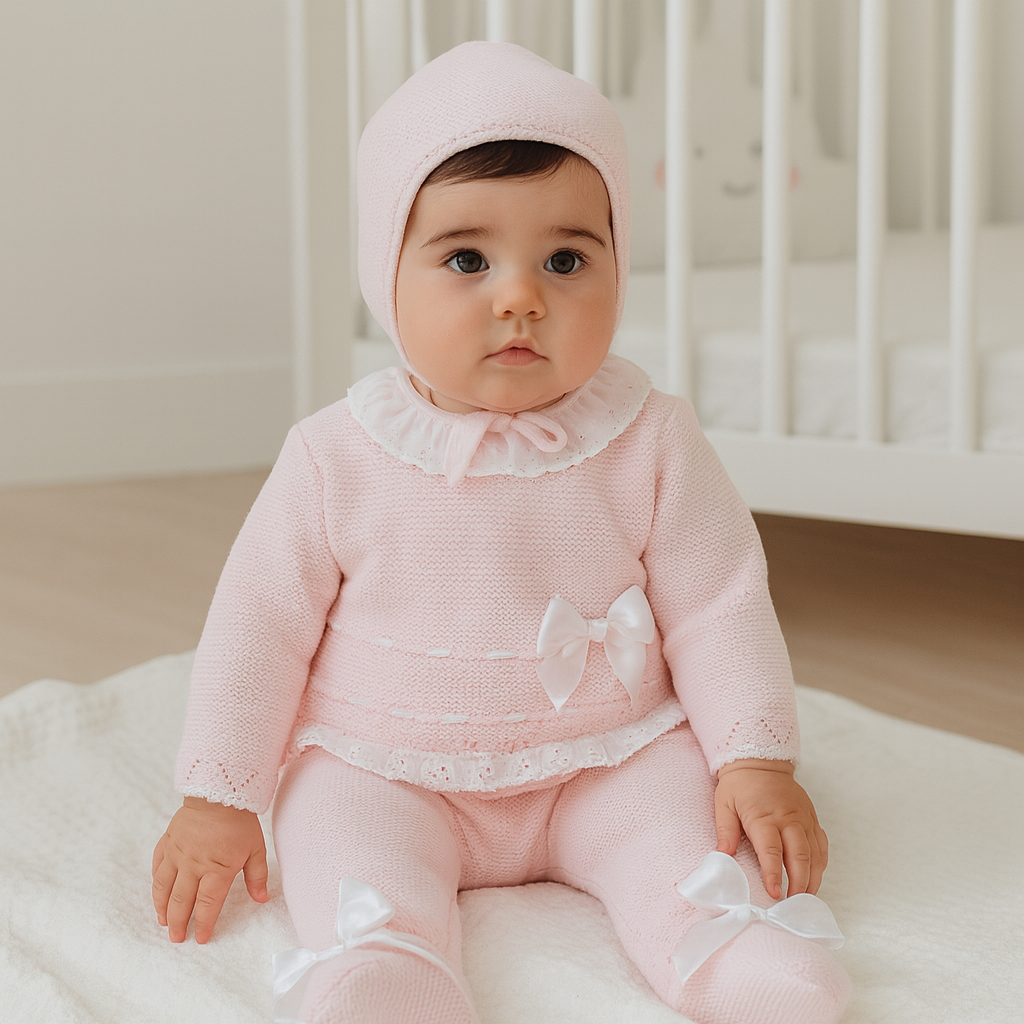 Conjunto de Malha Laços com Touca Rosa