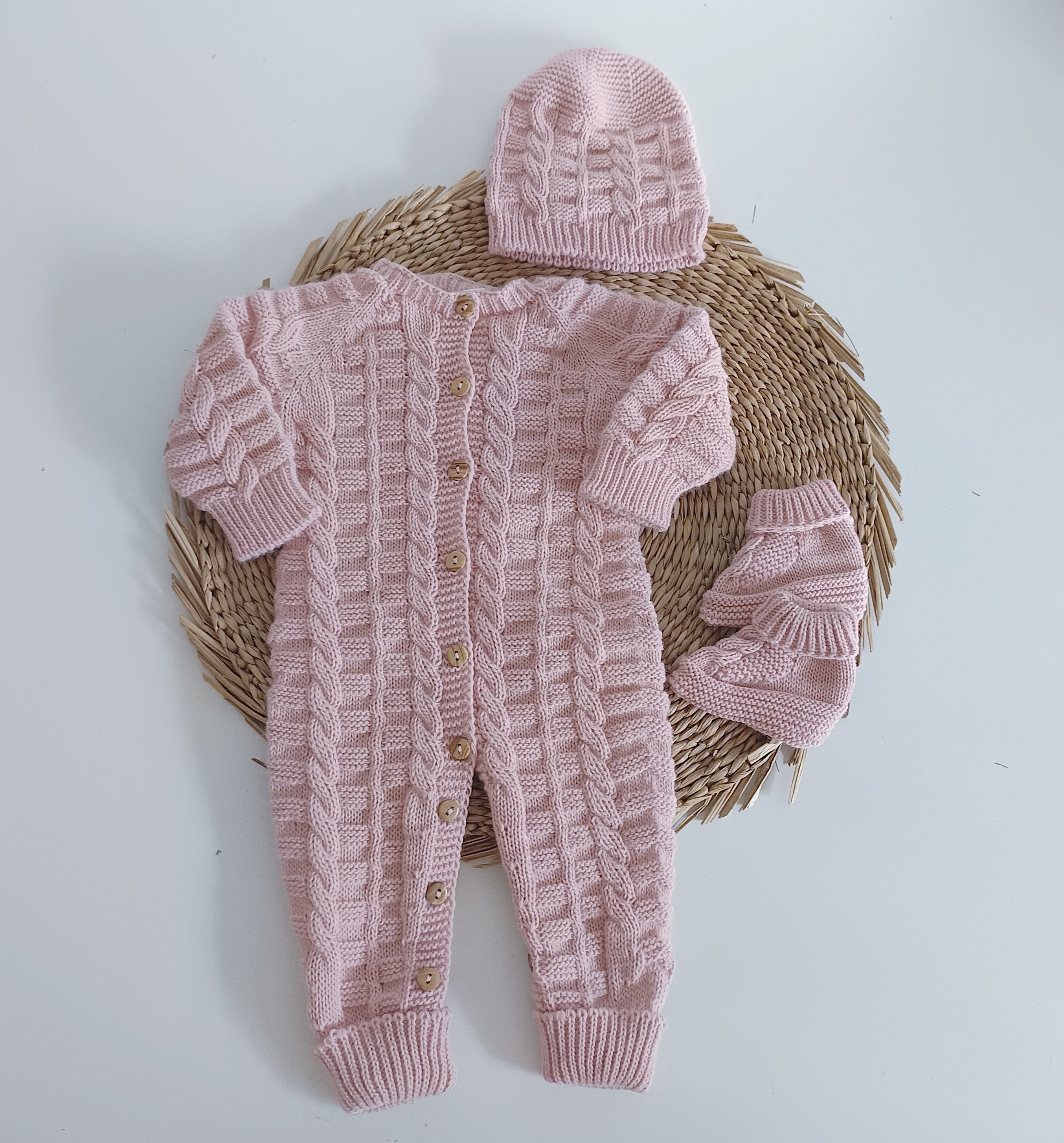 Babygrow de malha com gorro e carapins Rosa Velho