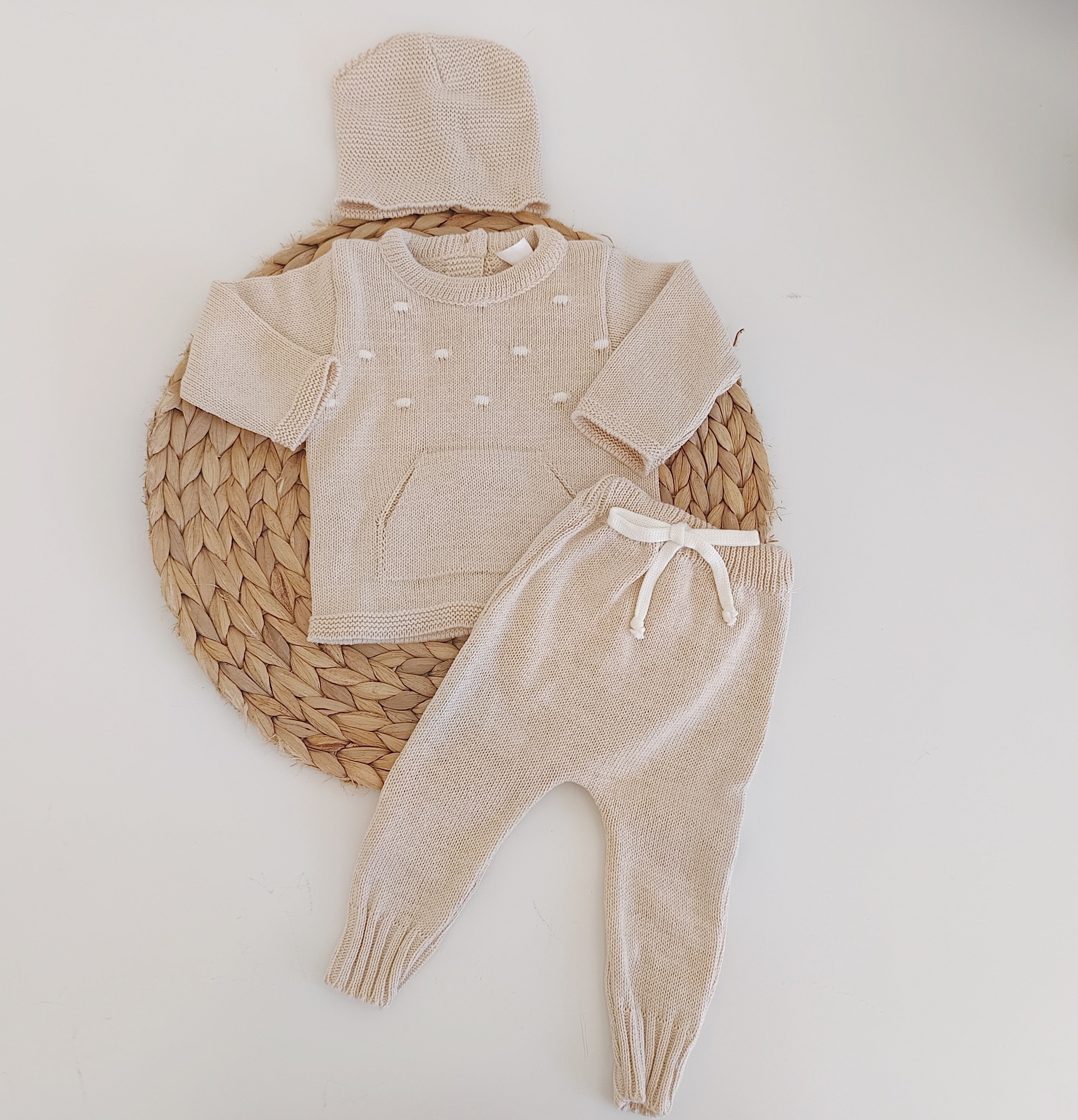 Conjunto de Malha Algodão Calças, Camisola com Bolsos e Gorro Areia