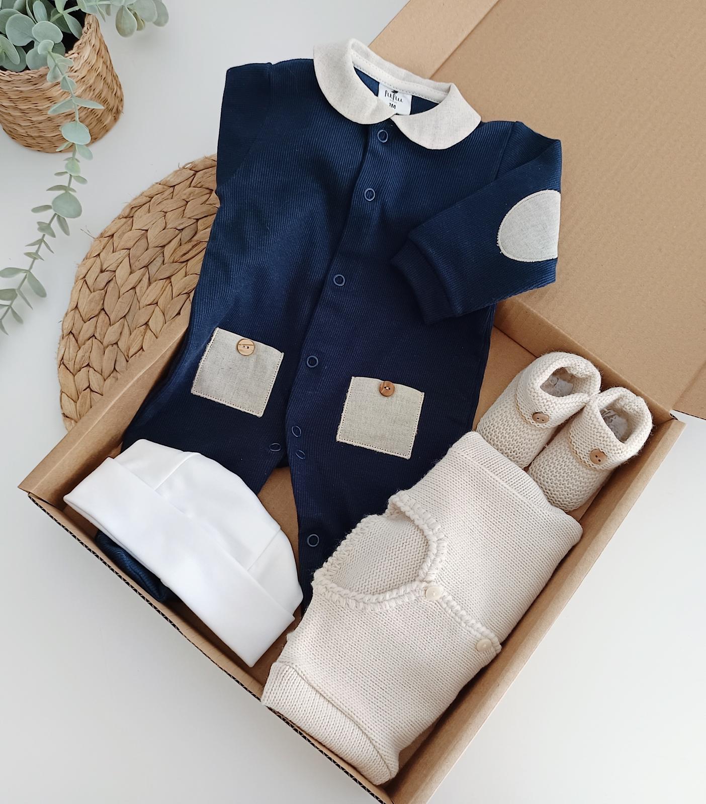FitFiu Babies® | Conjunto Primeira Roupinha Algodão Marinho com Bolsos Areia