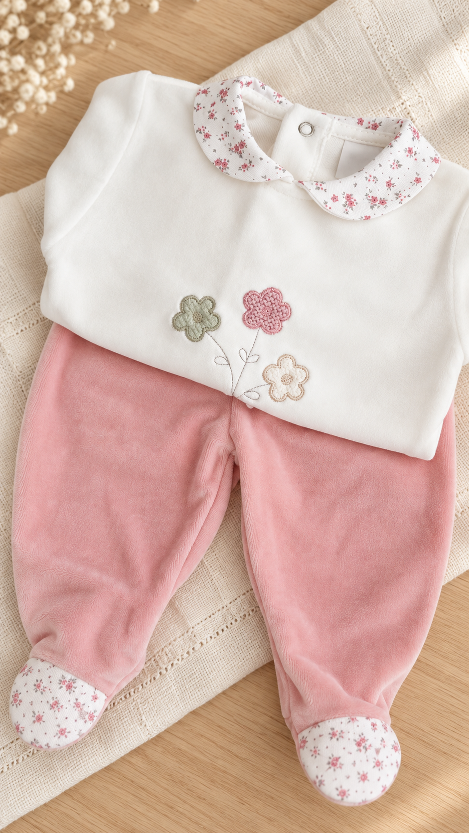 FitFiu Babies® | Fato 2 peças Veludo Flores Bordadas Pérola