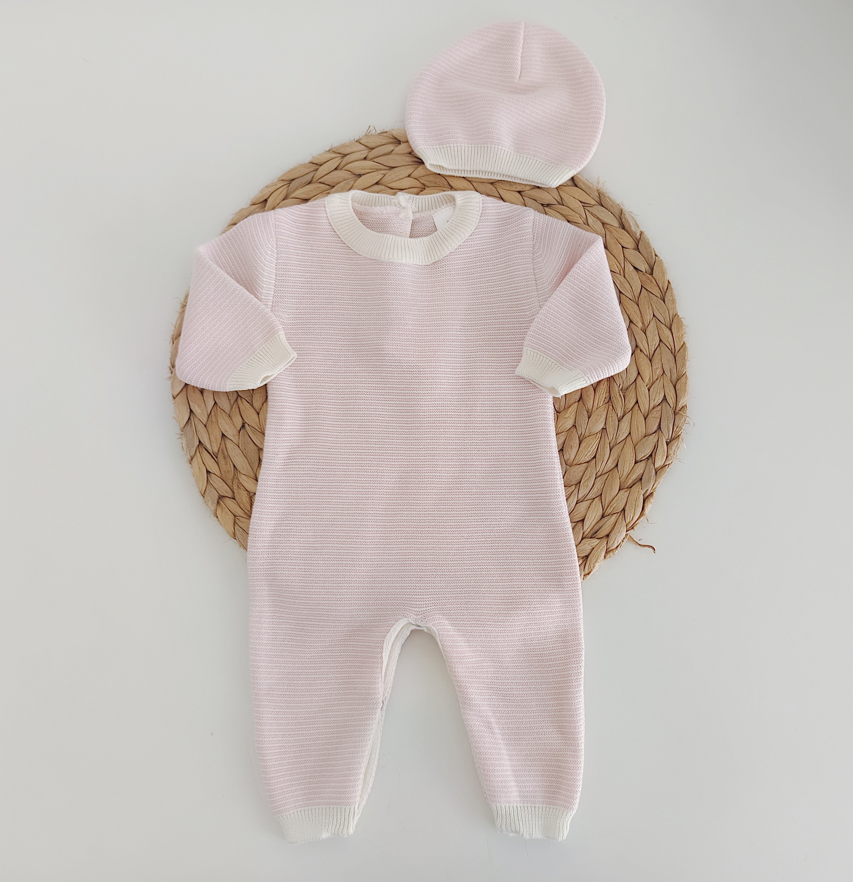 Babygrow de Malha Algodão com Gorro Riscas Rosa