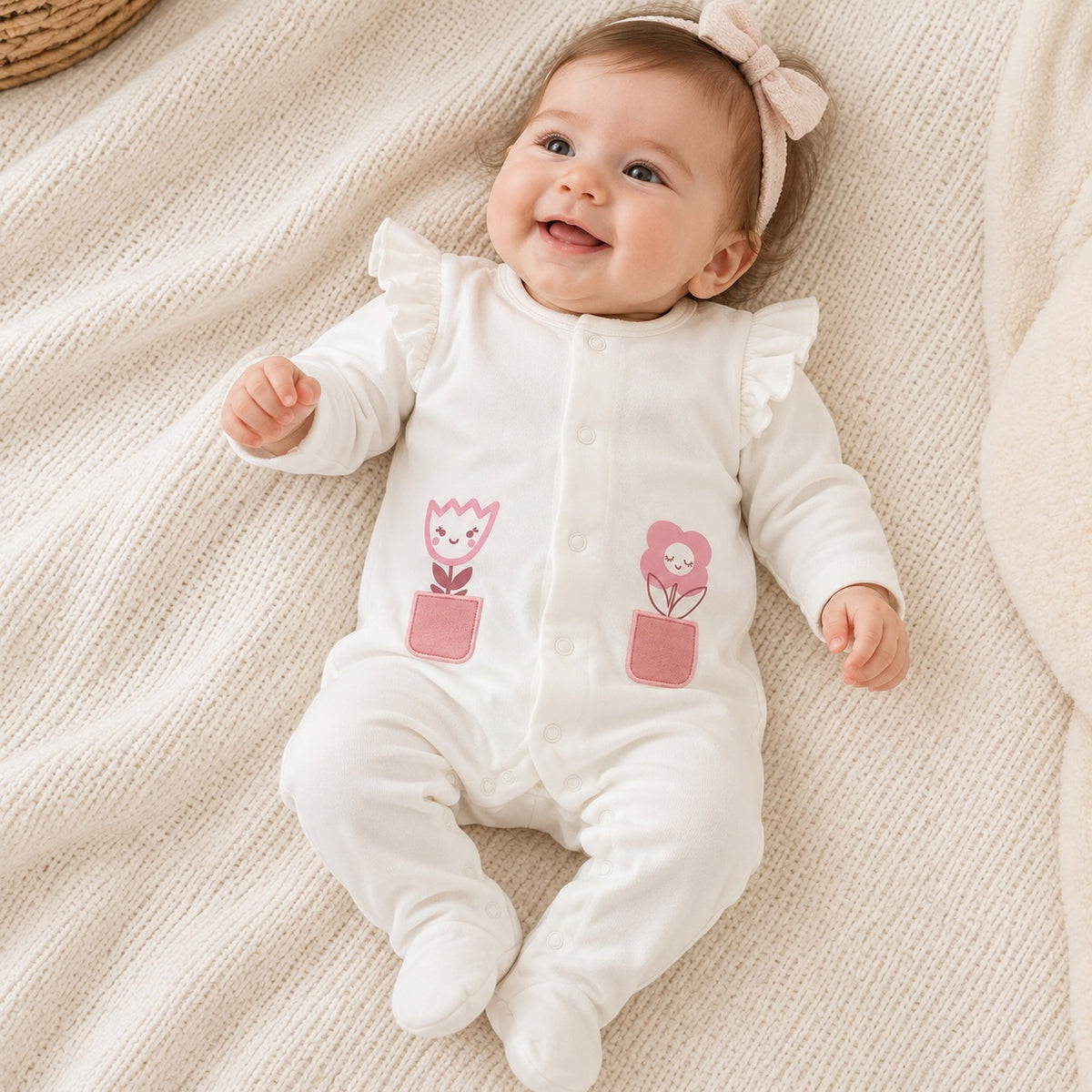 Babygrow de Algodão Pérola com Estampado Flores