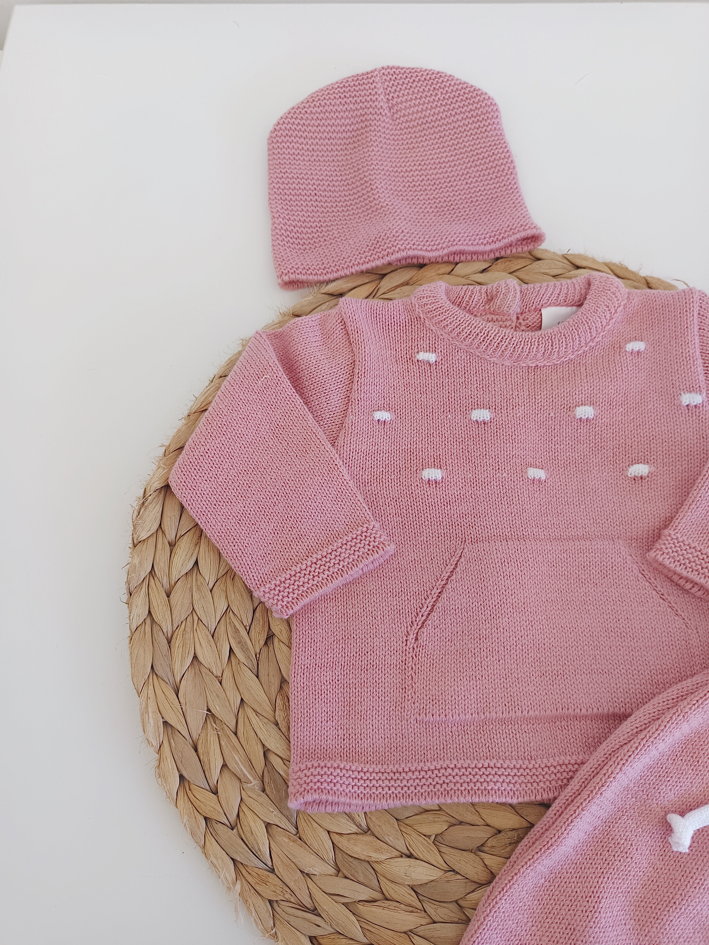 Conjunto de Malha Algodão Calças, Camisola com Bolsos e Gorro Rosa Velho