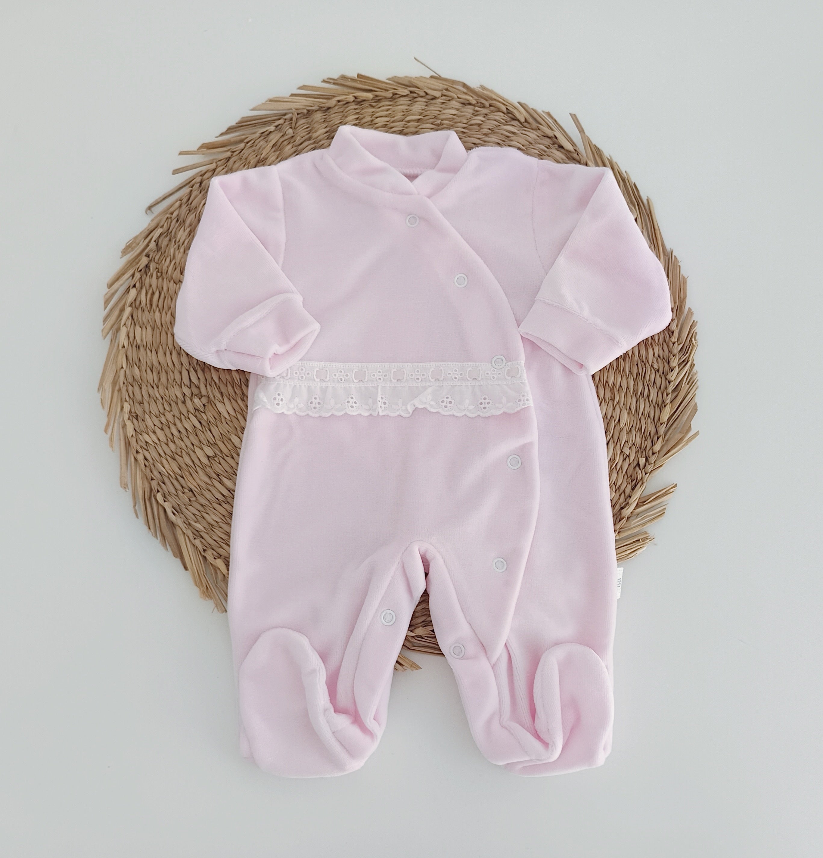 Babygrow Veludo Com Renda e Bordado Inglês Rosa