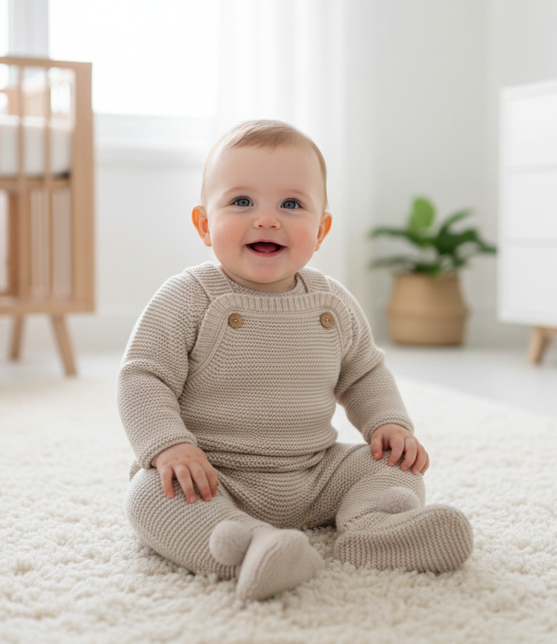 Jardineiras de malha com Camisola Pompons nos pés Areia