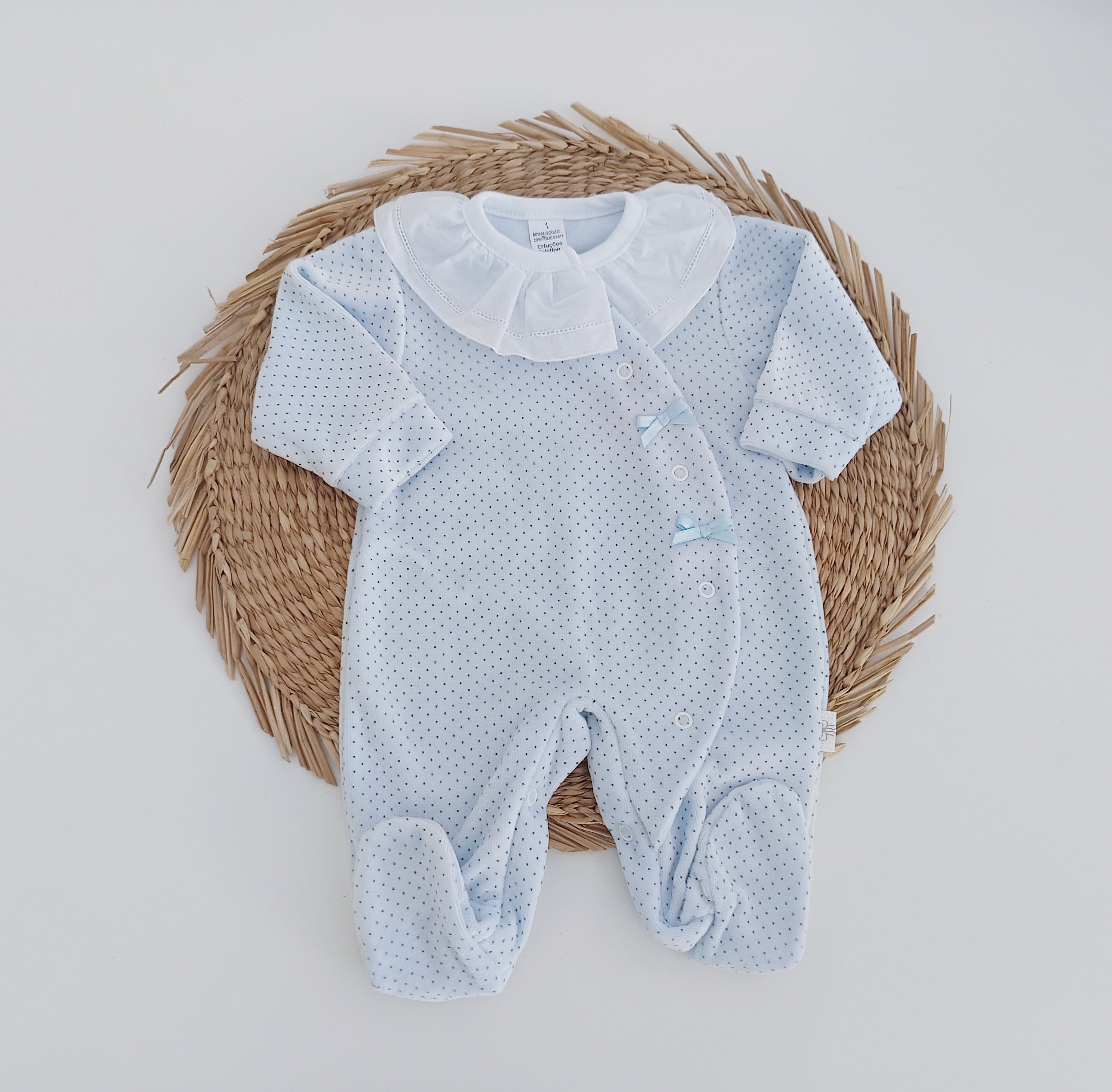 Babygrow Veludo Gola Folho Laço Pintas Azul
