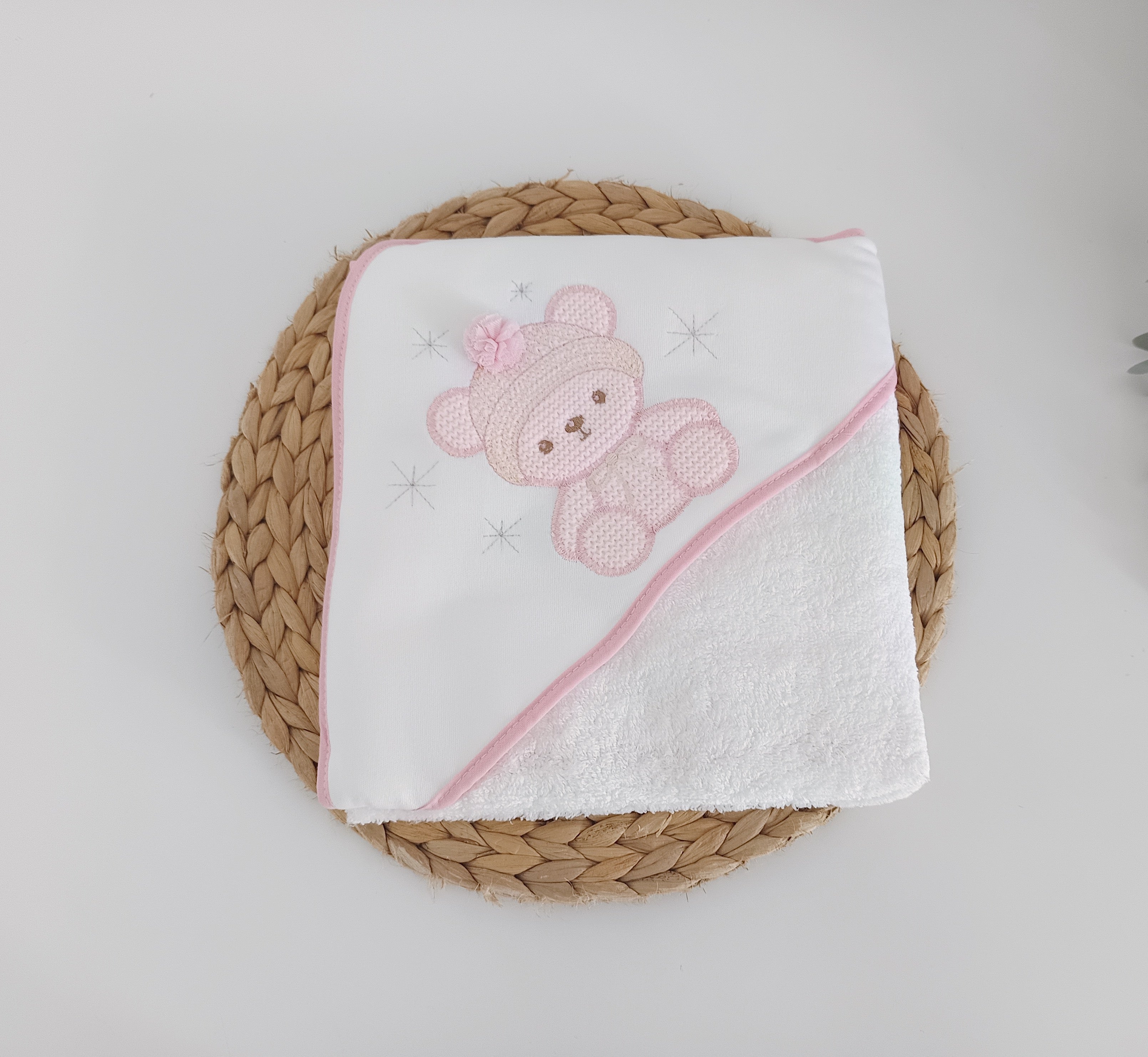 Toalha de banho para Bebé Urso Pompom Rosa