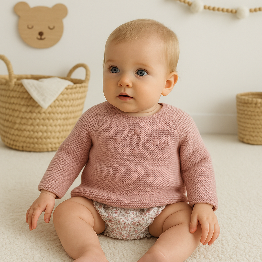 Tapa Fraldas com Camisola de Malha Florinhas Rosa Velho