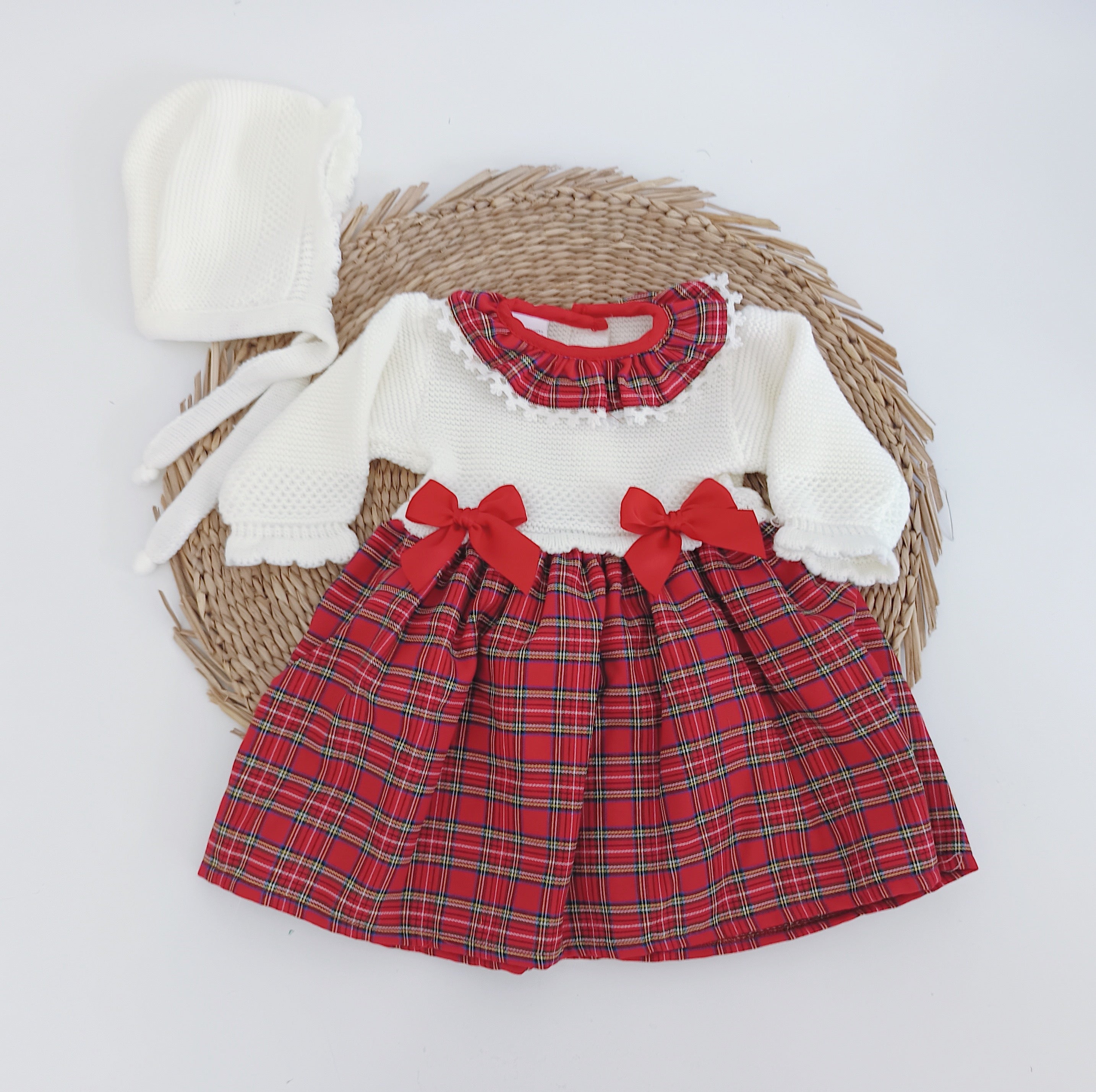 Vestido de Tecido e Malha Xadrez Vermelho Dois Laços