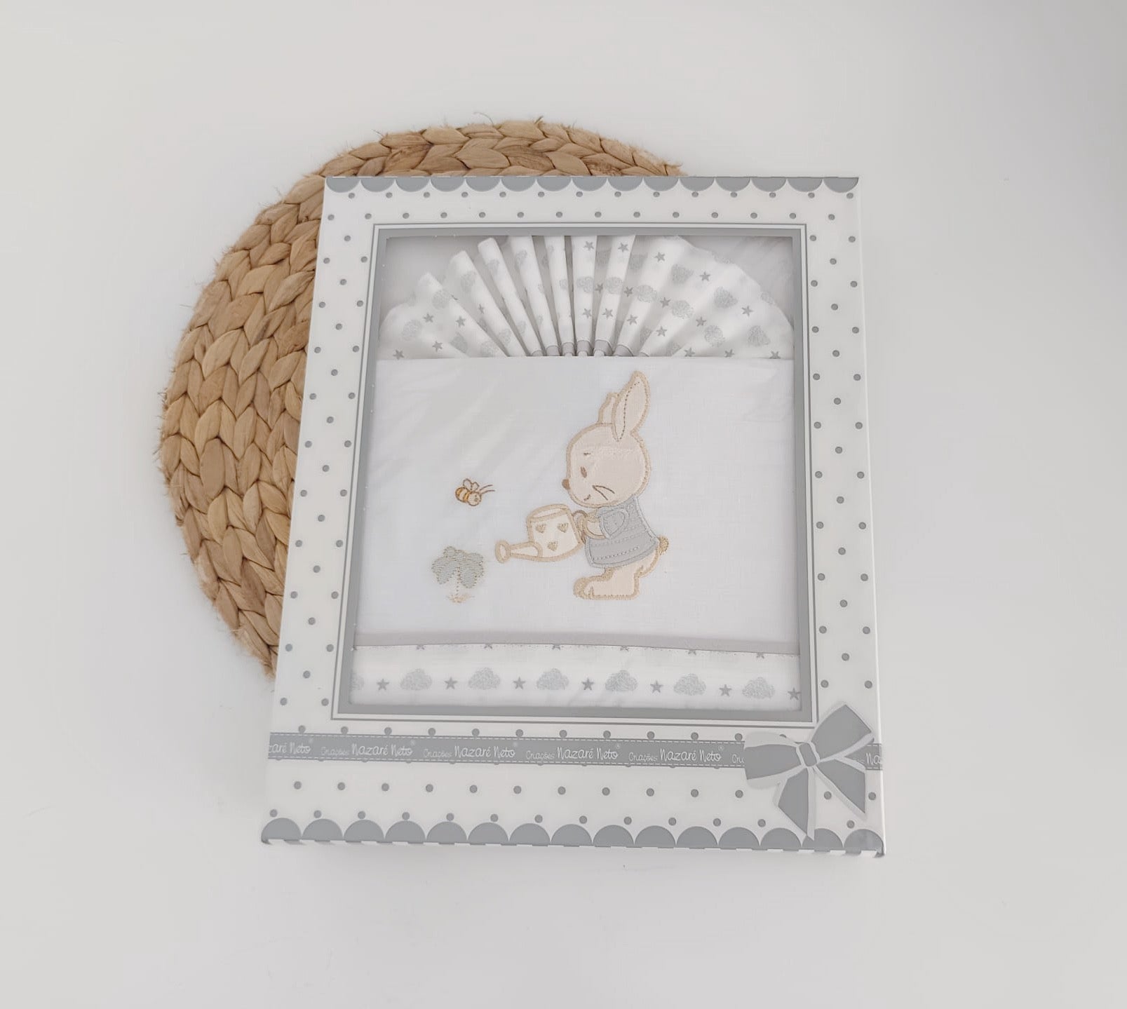 Jogo de Lençol Algodão p/ Cama Grades Coelho Cinza