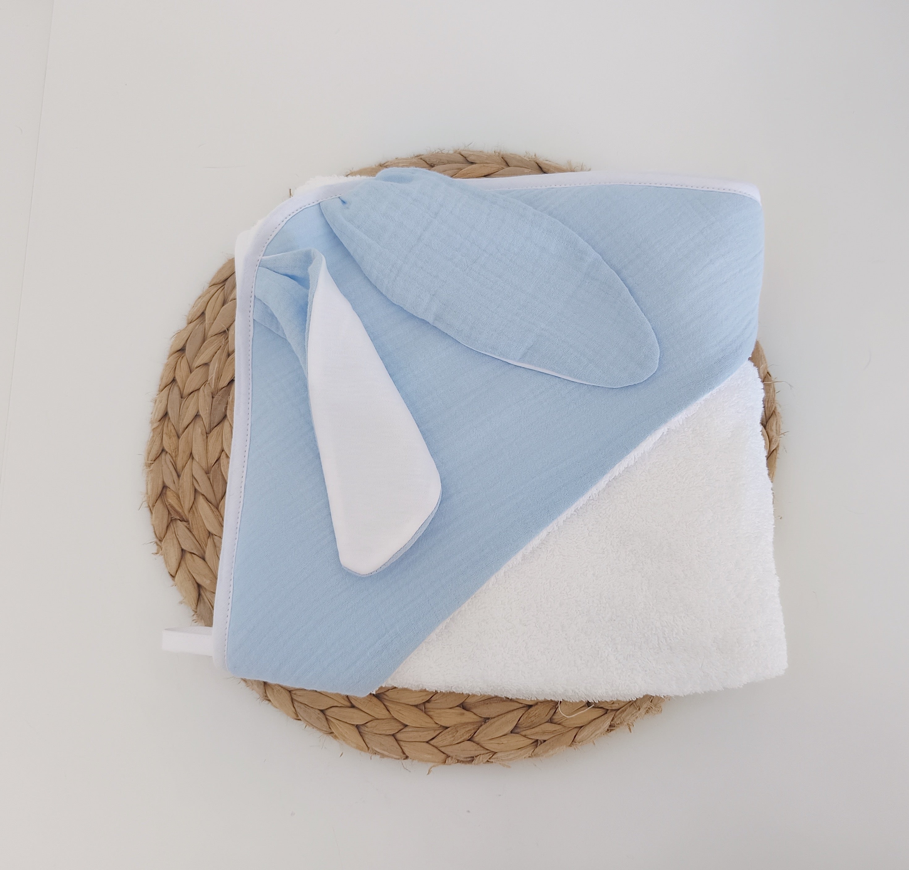 Toalha de banho para Bebé com Capuz de Musselina e Orelhas Coelho Azul