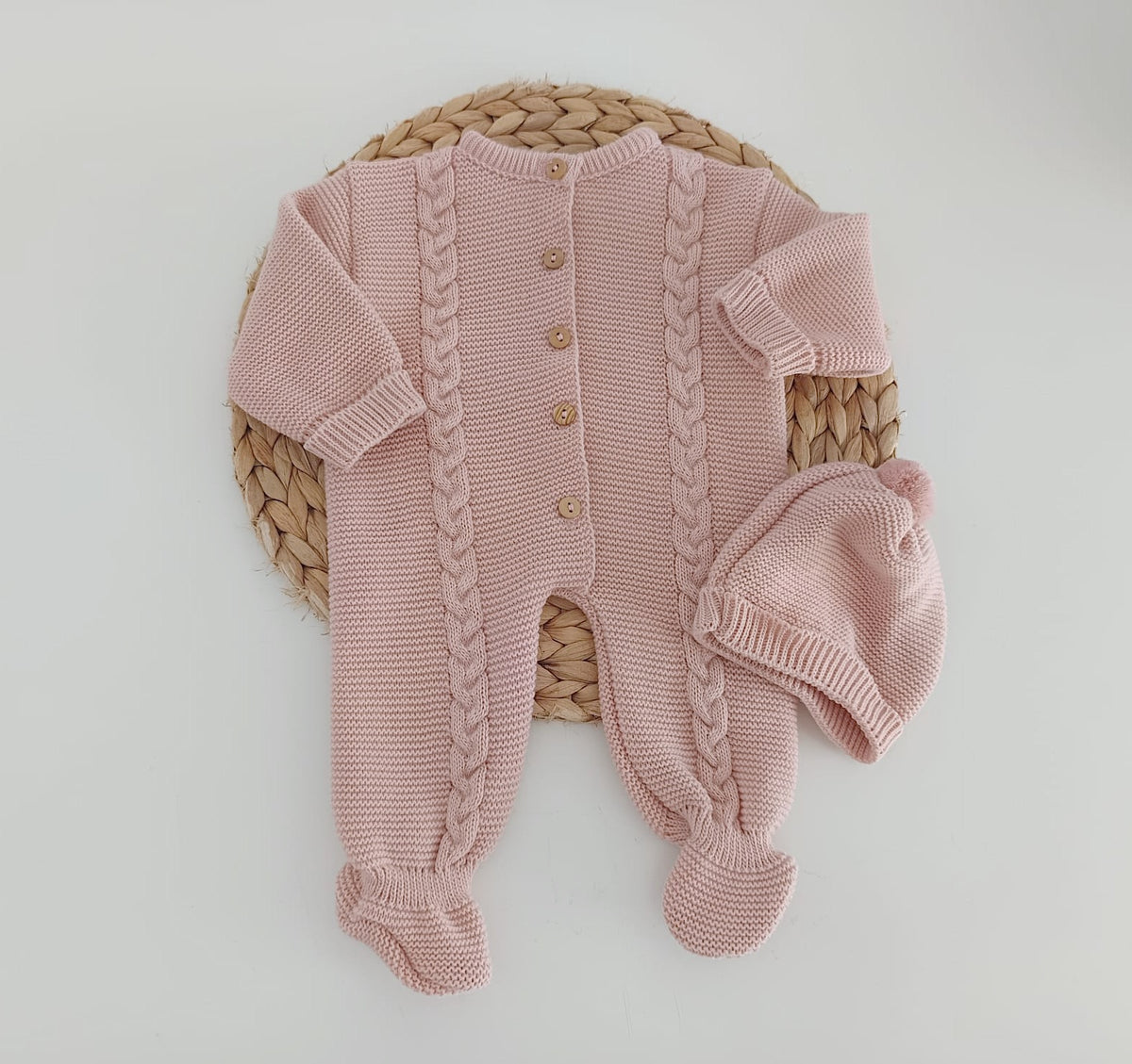 Babygrow de Malha Trança com gorro Rosa Velho