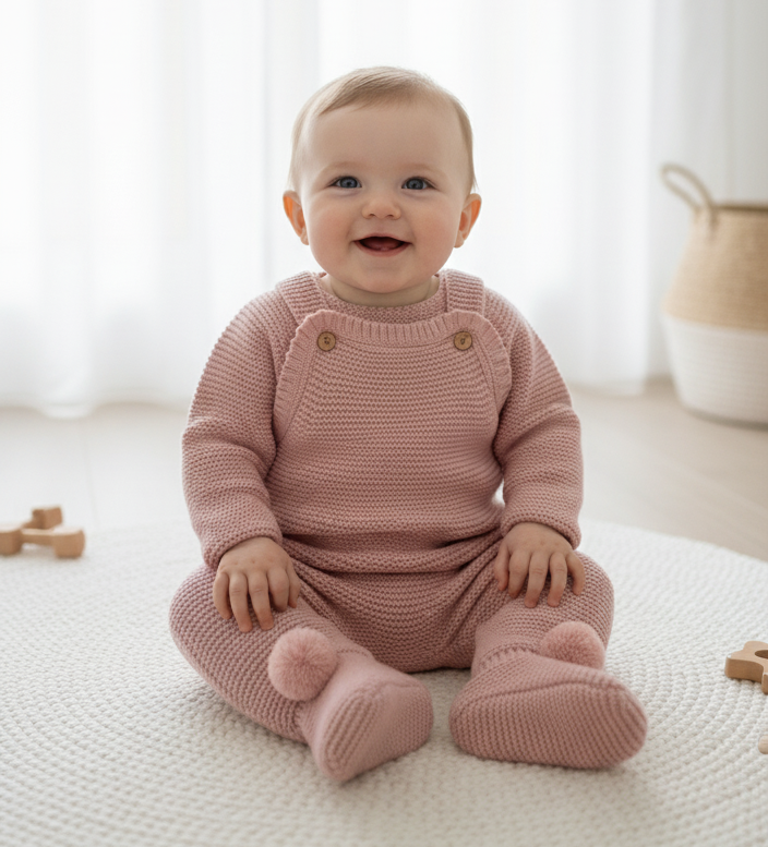 Jardineiras de malha com Camisola Pompons nos pés Rosa Velho