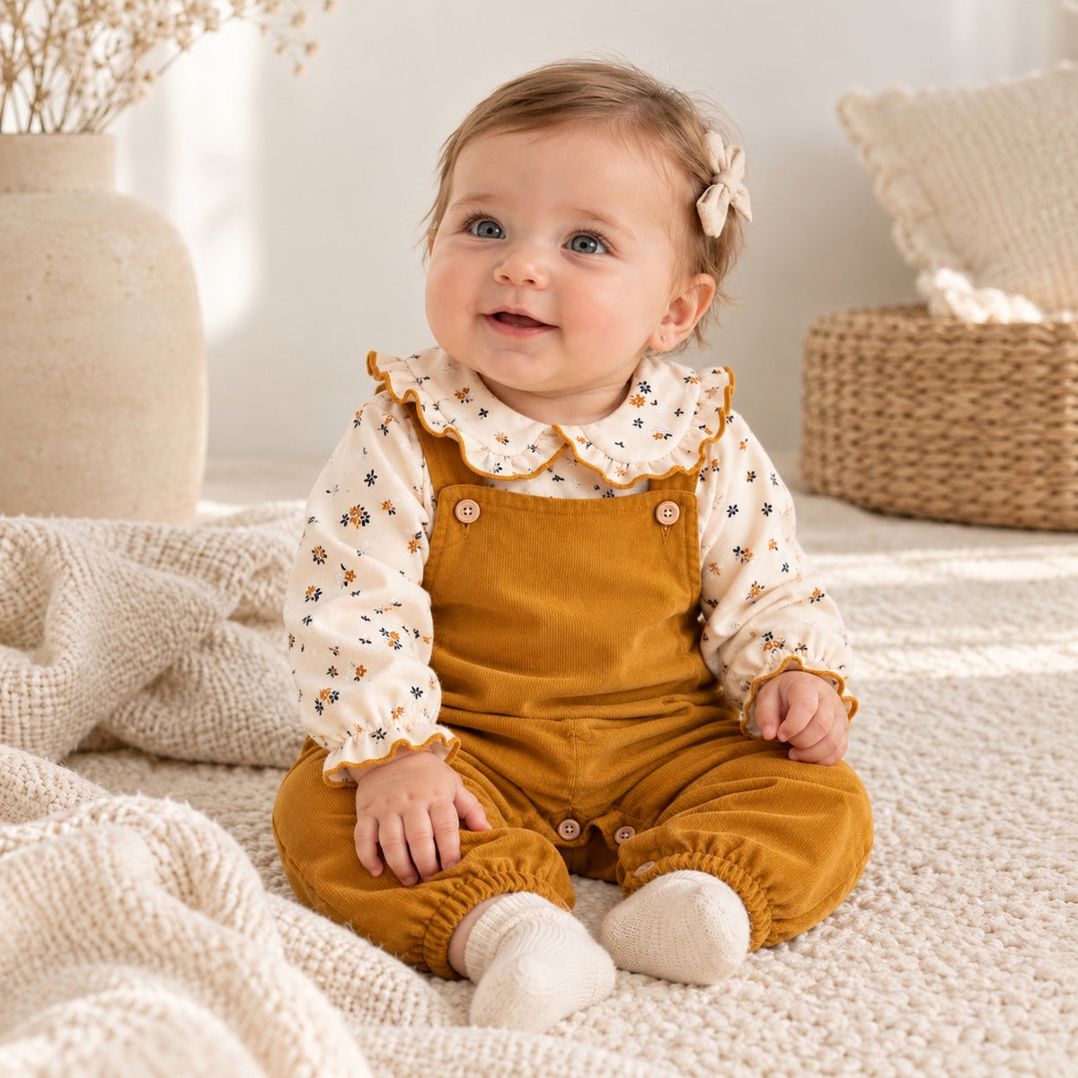 Jardineiras Bombazine com Blusa Flores Mostarda