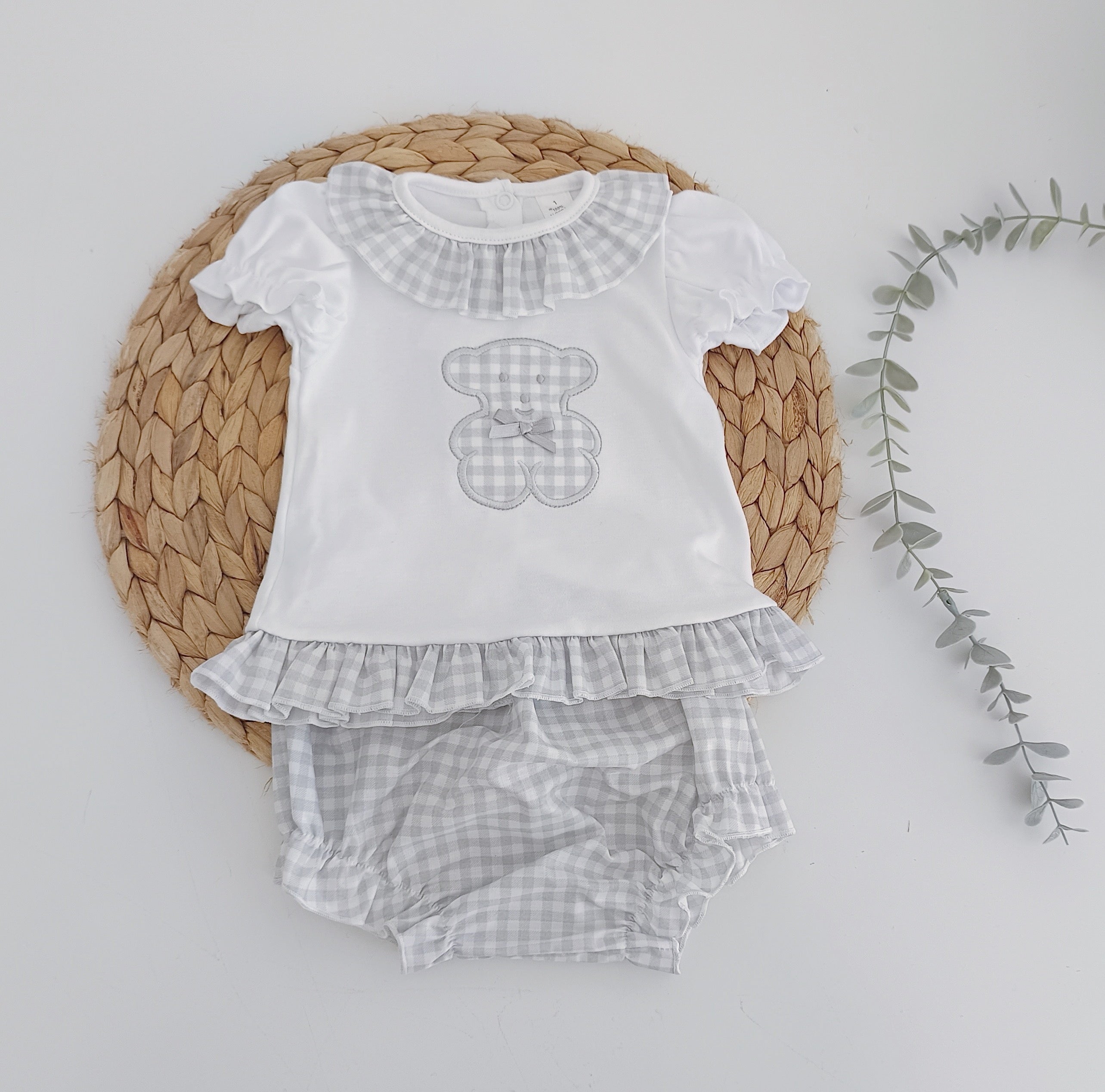 Tapa Fraldas com T-shirt Urso Xadrez Cinza