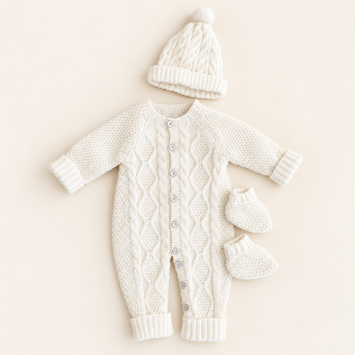 Babygrow de malha beringela com tranças, gorro com pompom e carapins a combinar para bebé
