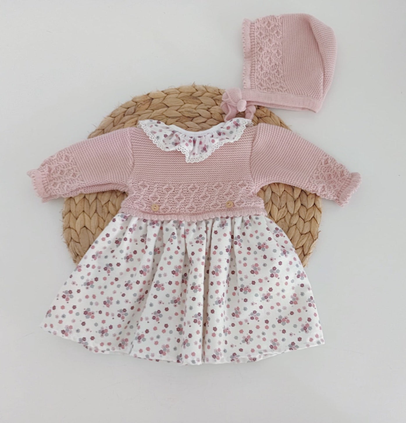 Vestido de Tecido e Malha com Touca Flores e Botões Rosa Velho