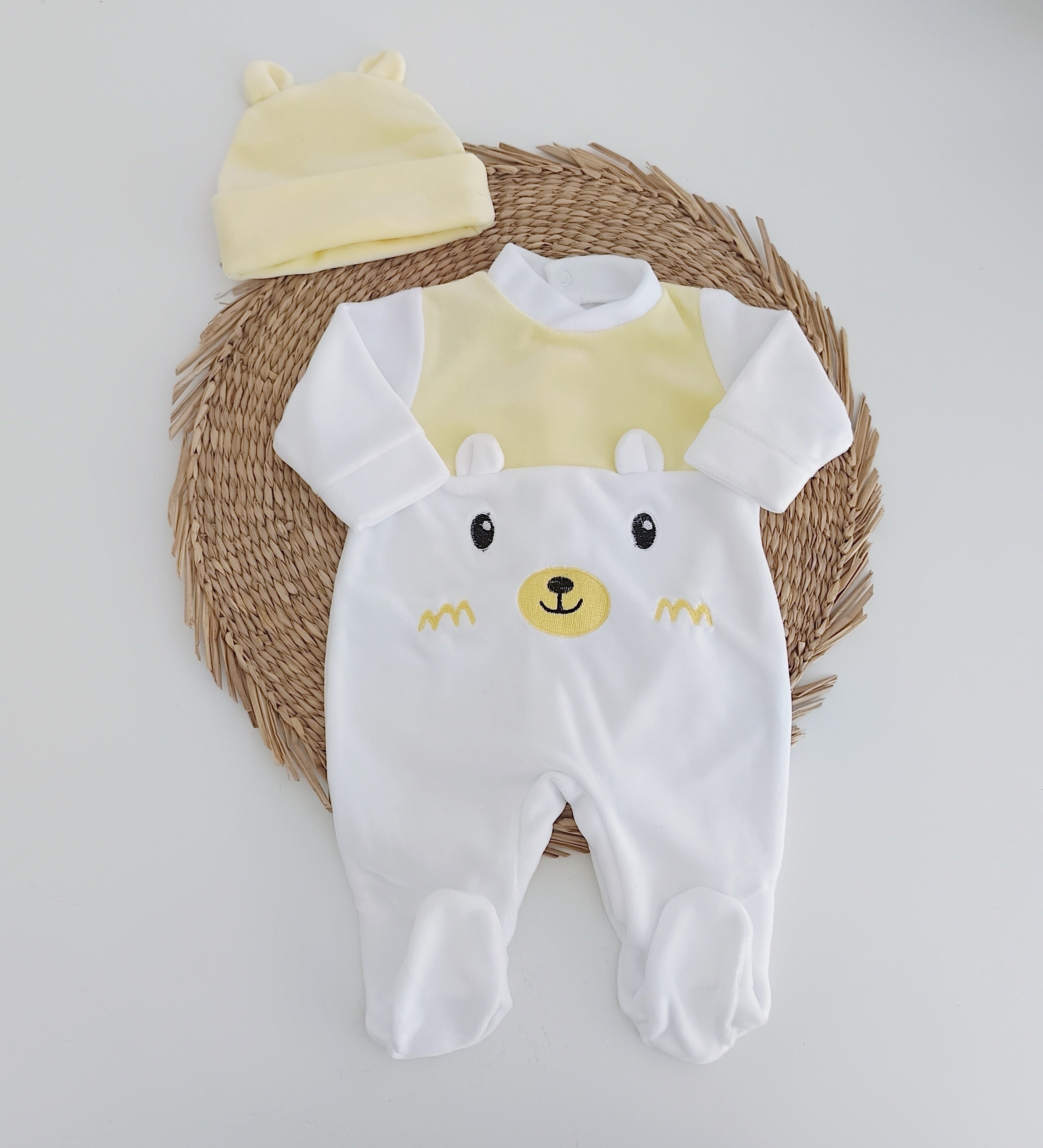 Babygrow Veludo Urso com Gorro Orelhas Amarelo