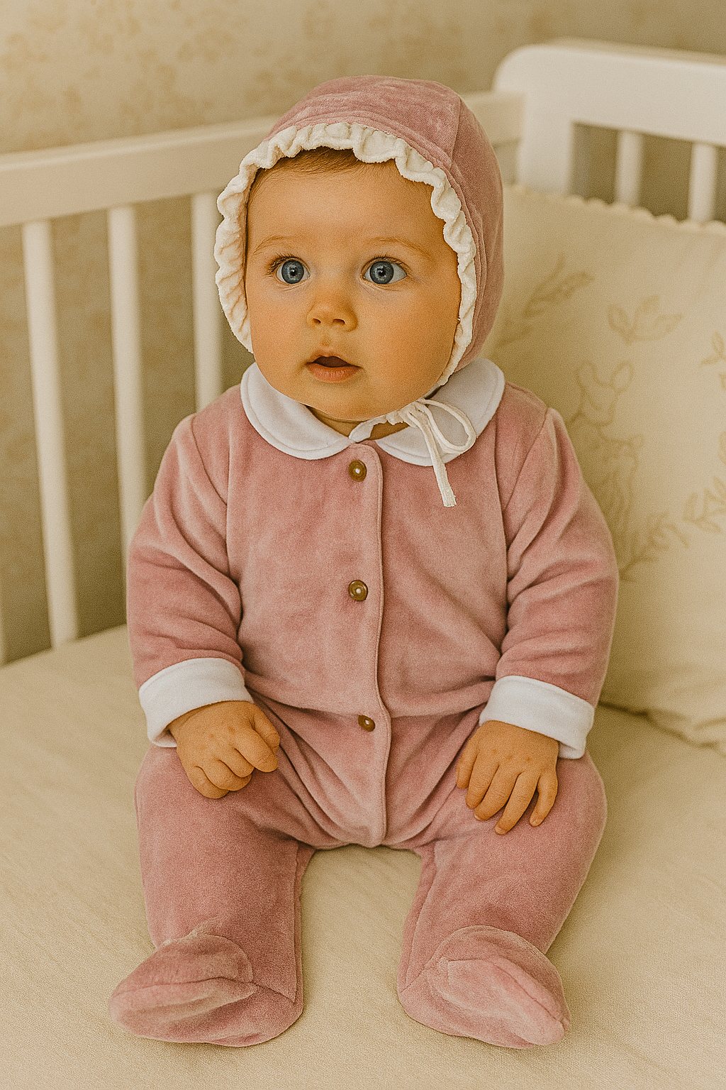 Babygrow Veludo com Touca Botões Rosa Velho